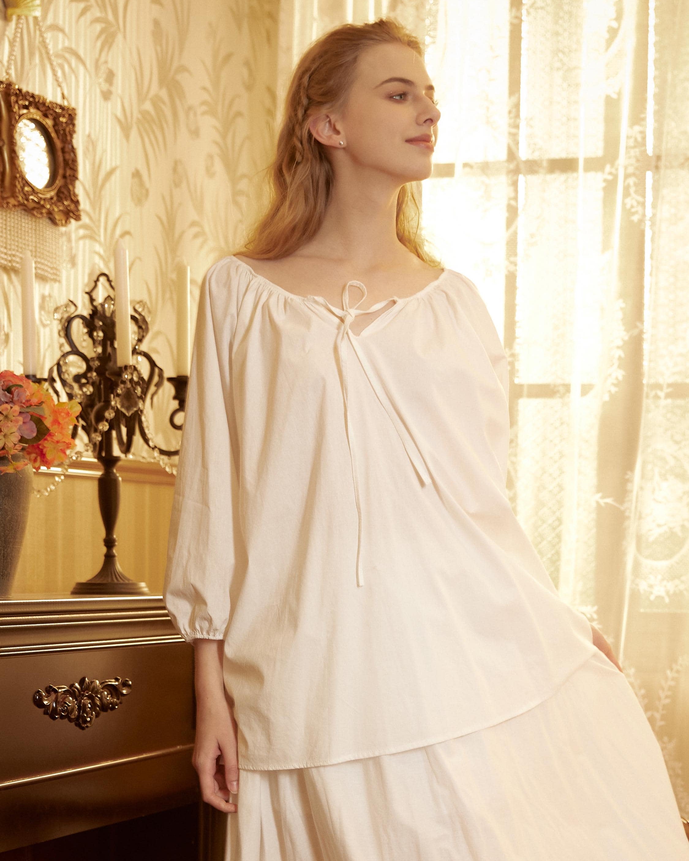 Cotton White Peasant Blouse Balloon Sleeves White Shirt Chemise Victorian Off Shoulder Keyhole Neck Renaissance Faire Top