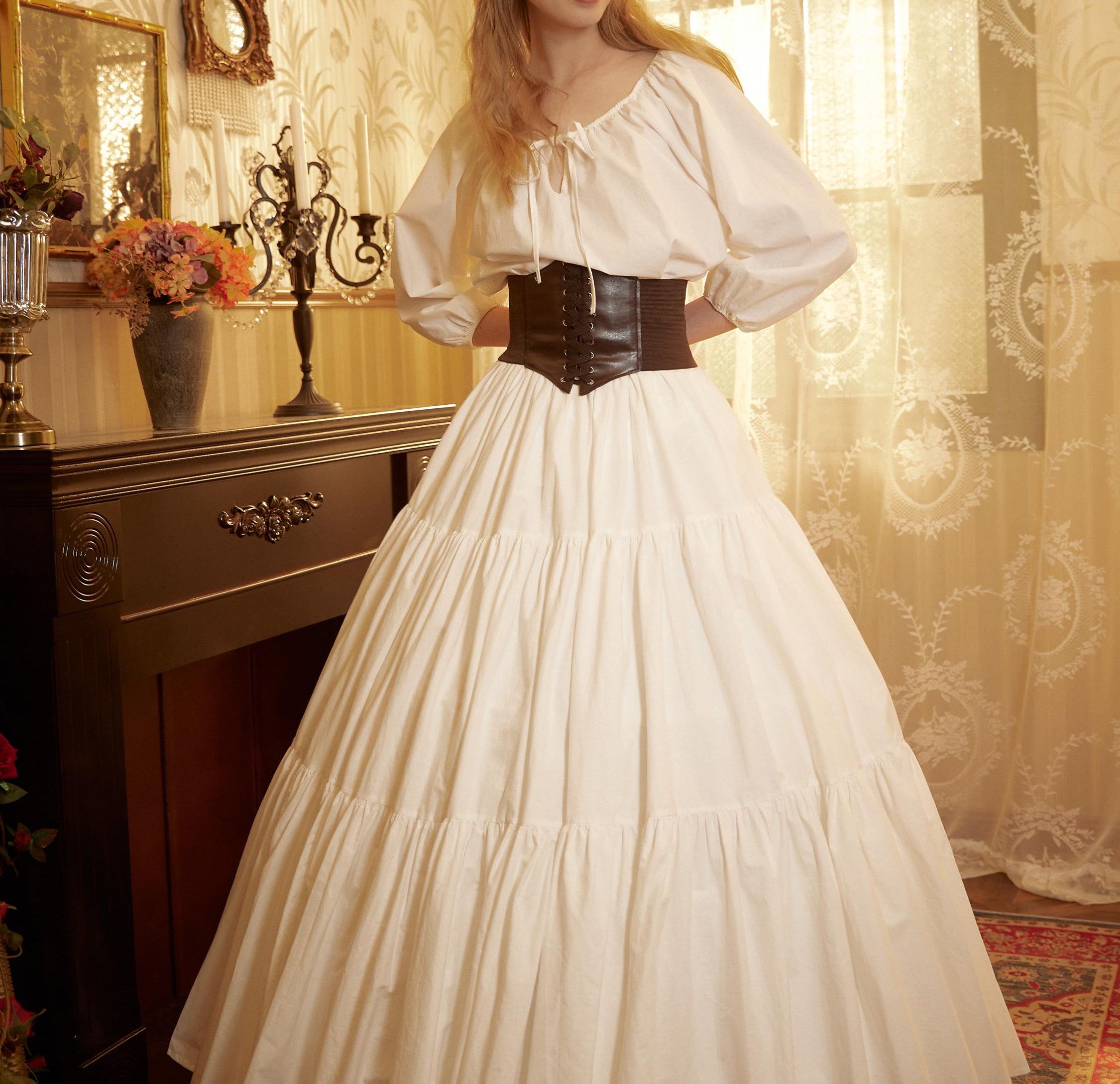 Cotton White Peasant Blouse Balloon Sleeves White Shirt Chemise Victorian Off Shoulder Keyhole Neck Renaissance Faire Top