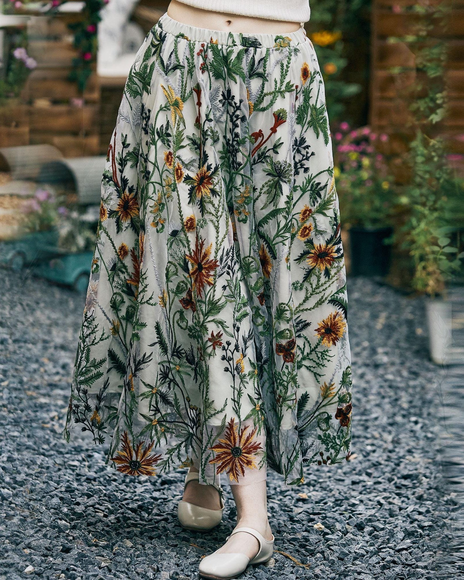 Flower Embroidery Tulle Skirt Maxi Skirt Midi Green Skirt With A Lining Flexible Waistband A Line Floral Dress