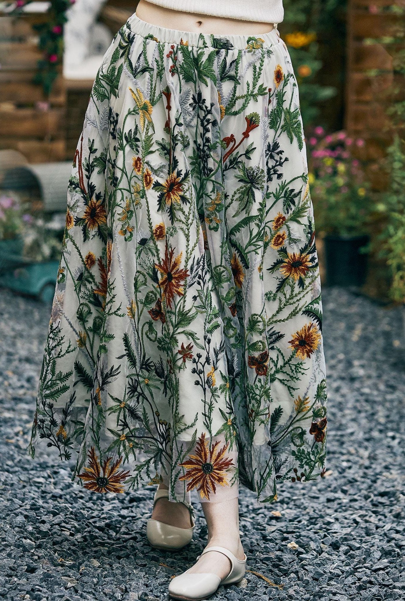 Flower Embroidery Tulle Skirt Maxi Skirt Midi Green Skirt With A Lining Flexible Waistband A Line Floral Dress