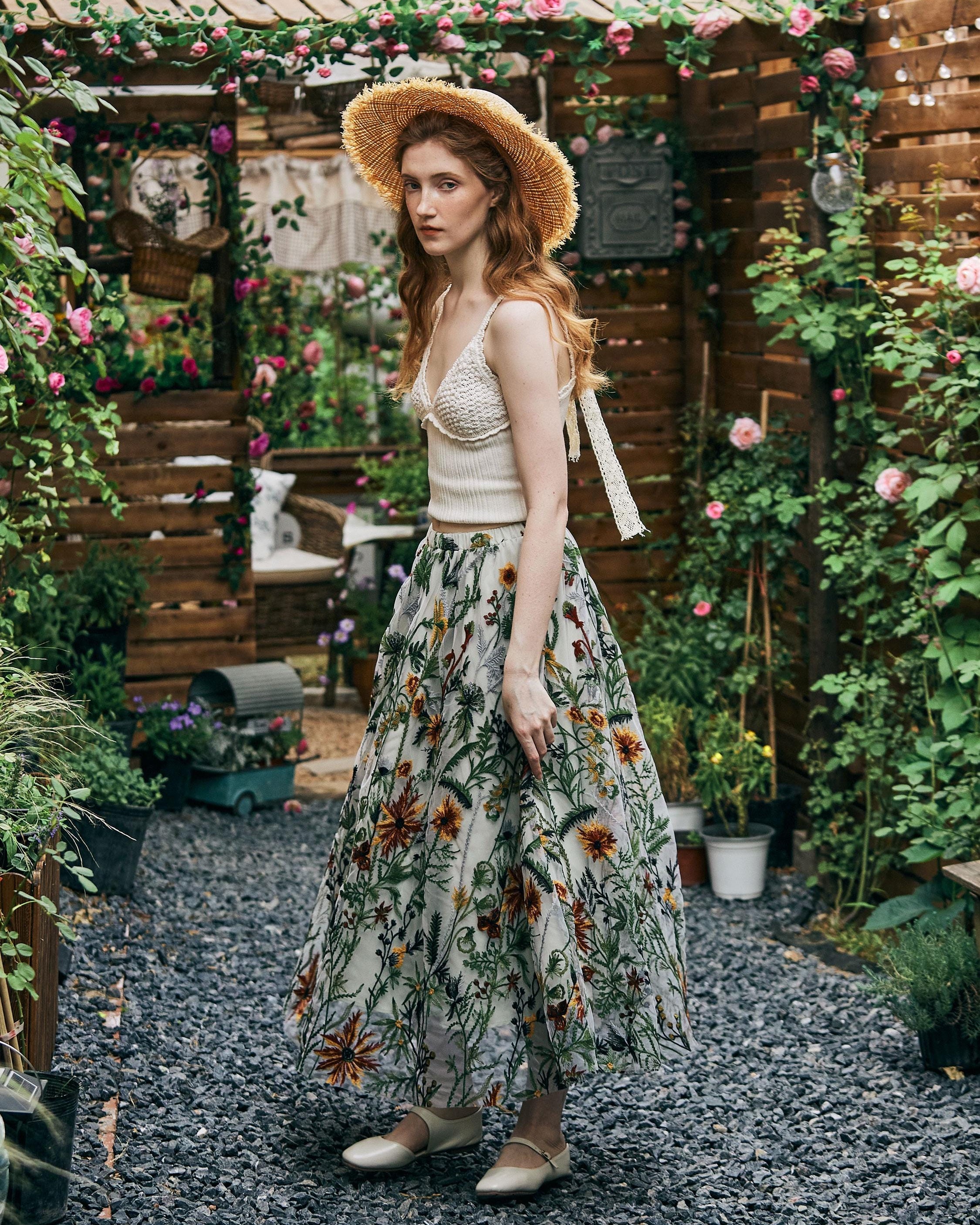 Flower Embroidery Tulle Skirt Maxi Skirt Midi Green Skirt With A Lining Flexible Waistband A Line Floral Dress