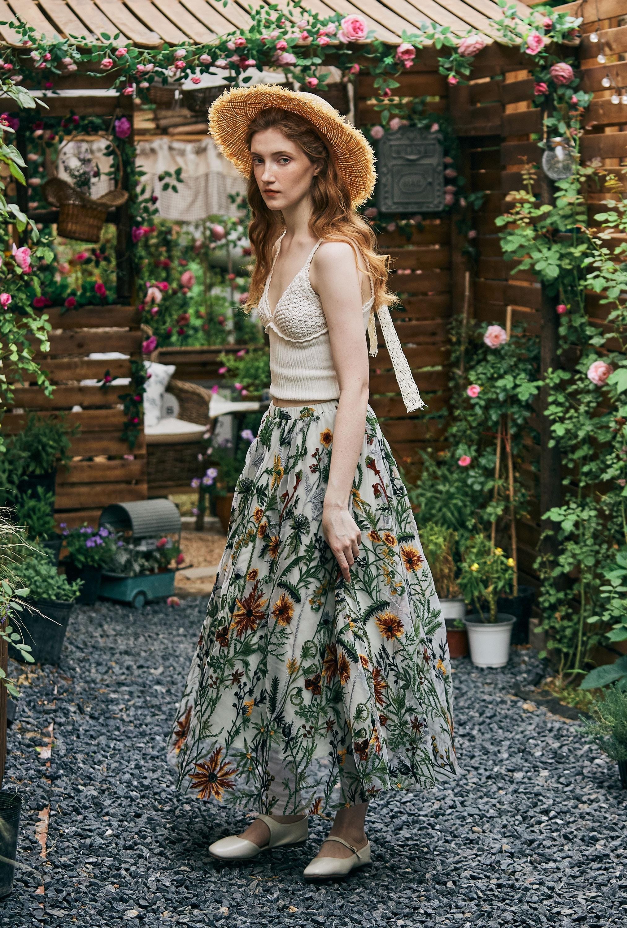 Flower Embroidery Tulle Skirt Maxi Skirt Midi Green Skirt With A Lining Flexible Waistband A Line Floral Dress