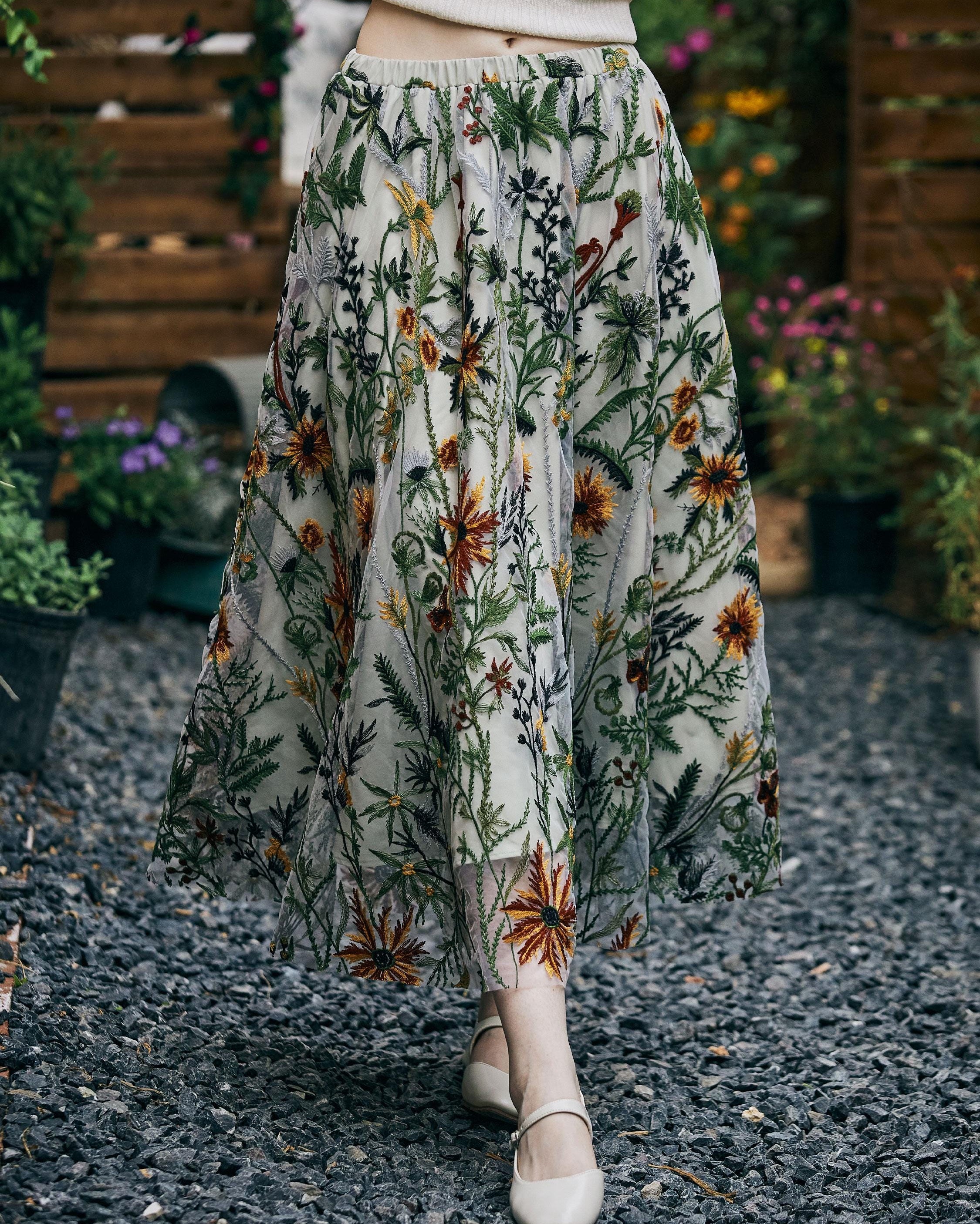 Flower Embroidery Tulle Skirt Maxi Skirt Midi Green Skirt With A Lining Flexible Waistband A Line Floral Dress