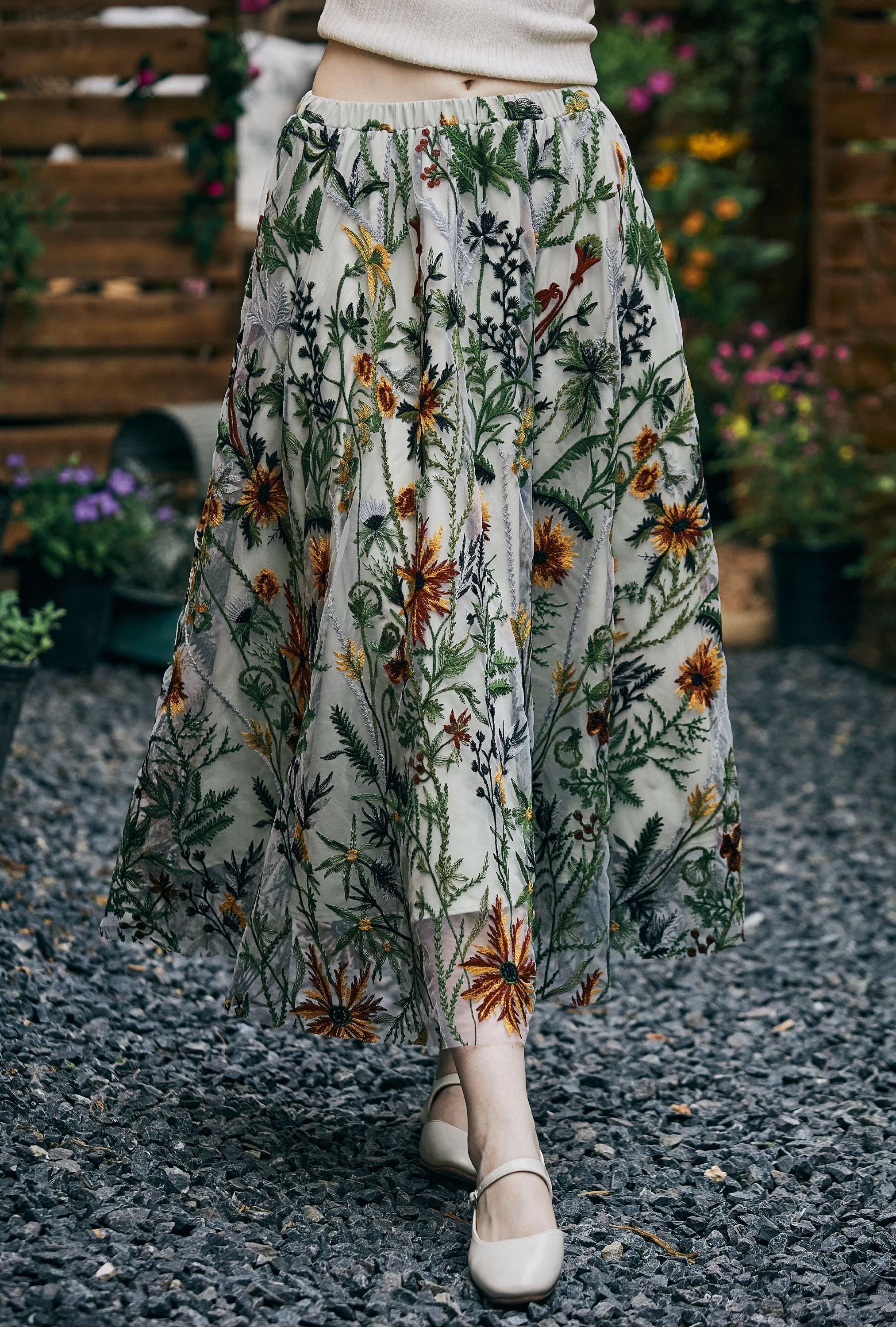 Flower Embroidery Tulle Skirt Maxi Skirt Midi Green Skirt With A Lining Flexible Waistband A Line Floral Dress