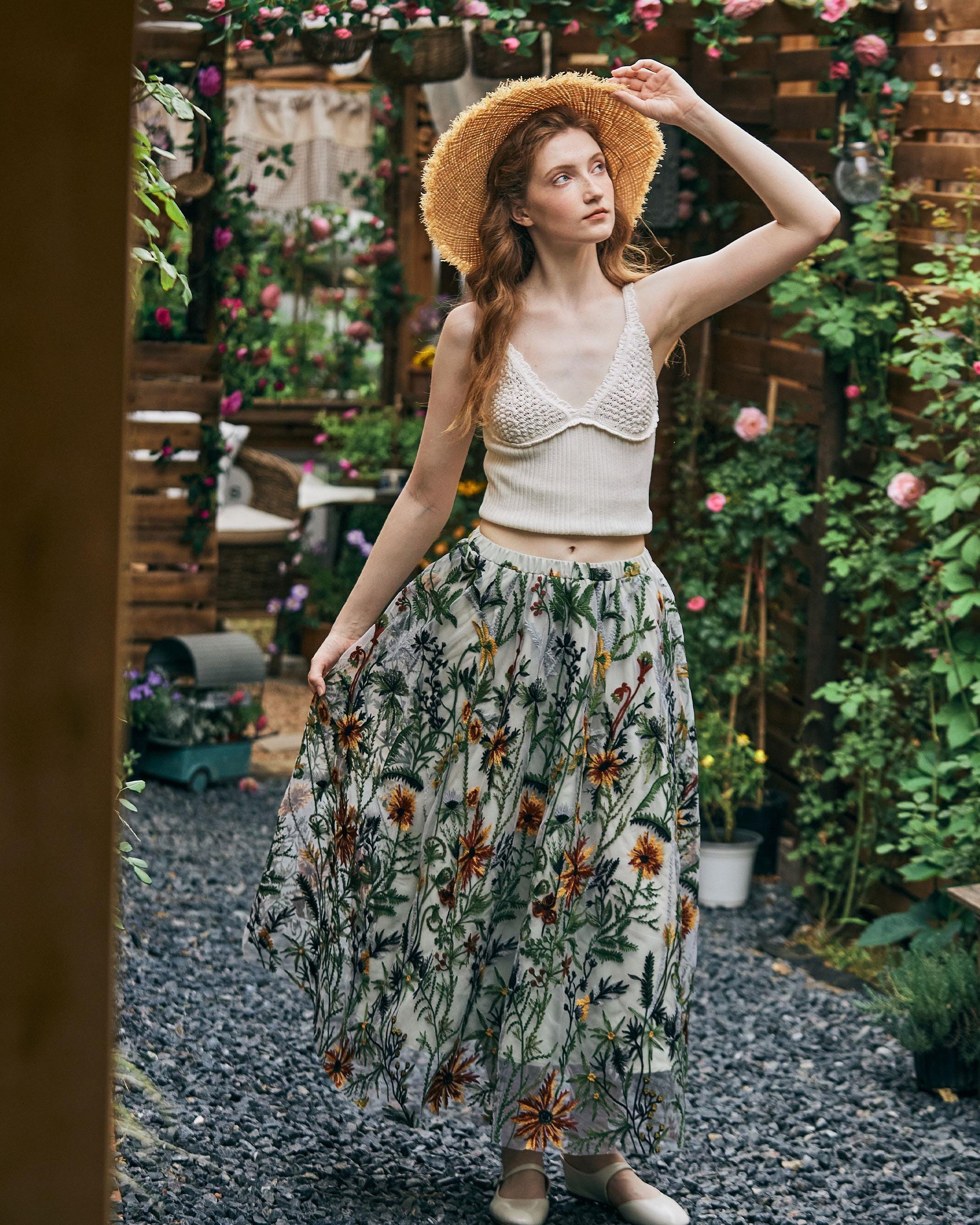 Flower Embroidery Tulle Skirt Maxi Skirt Midi Green Skirt With A Lining Flexible Waistband A Line Floral Dress