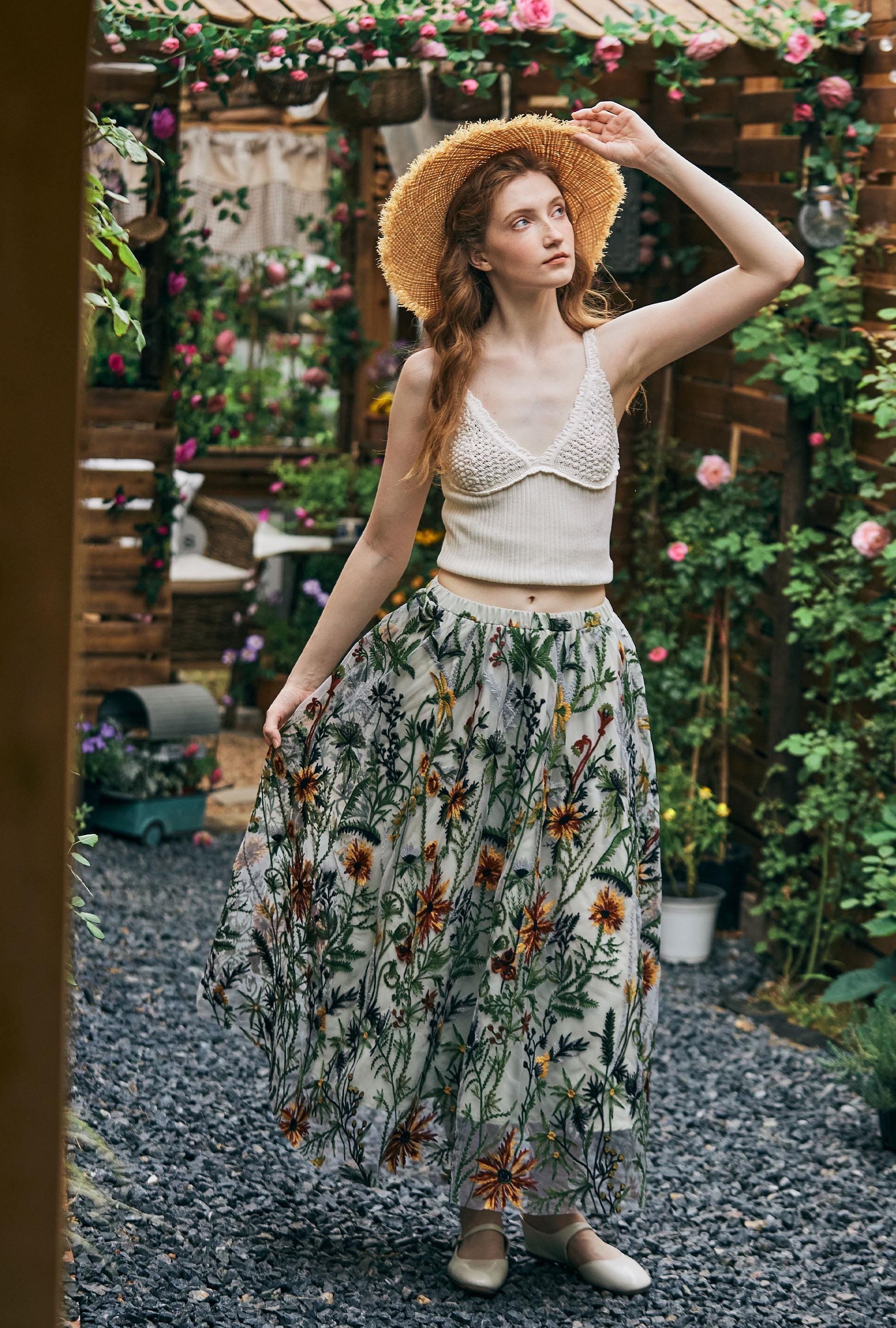 Flower Embroidery Tulle Skirt Maxi Skirt Midi Green Skirt With A Lining Flexible Waistband A Line Floral Dress