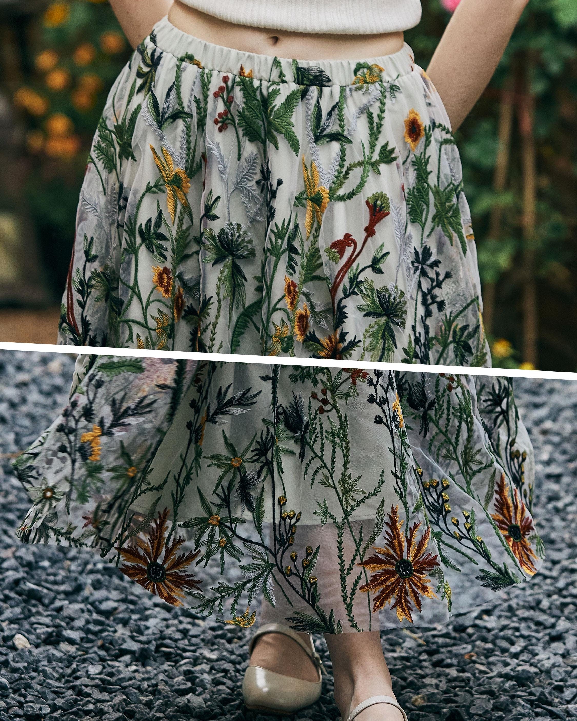 Flower Embroidery Tulle Skirt Maxi Skirt Midi Green Skirt With A Lining Flexible Waistband A Line Floral Dress
