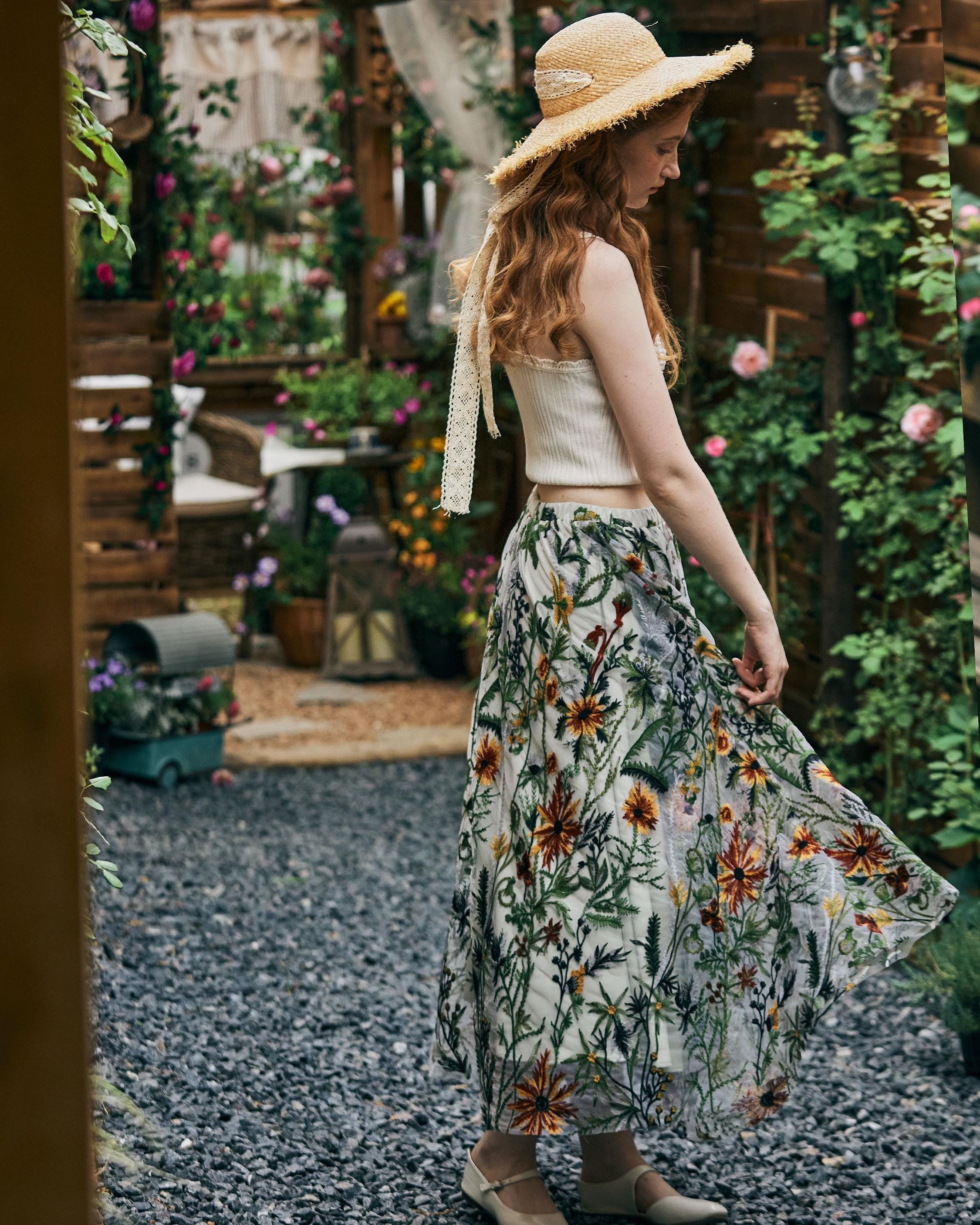 Flower Embroidery Tulle Skirt Maxi Skirt Midi Green Skirt With A Lining Flexible Waistband A Line Floral Dress