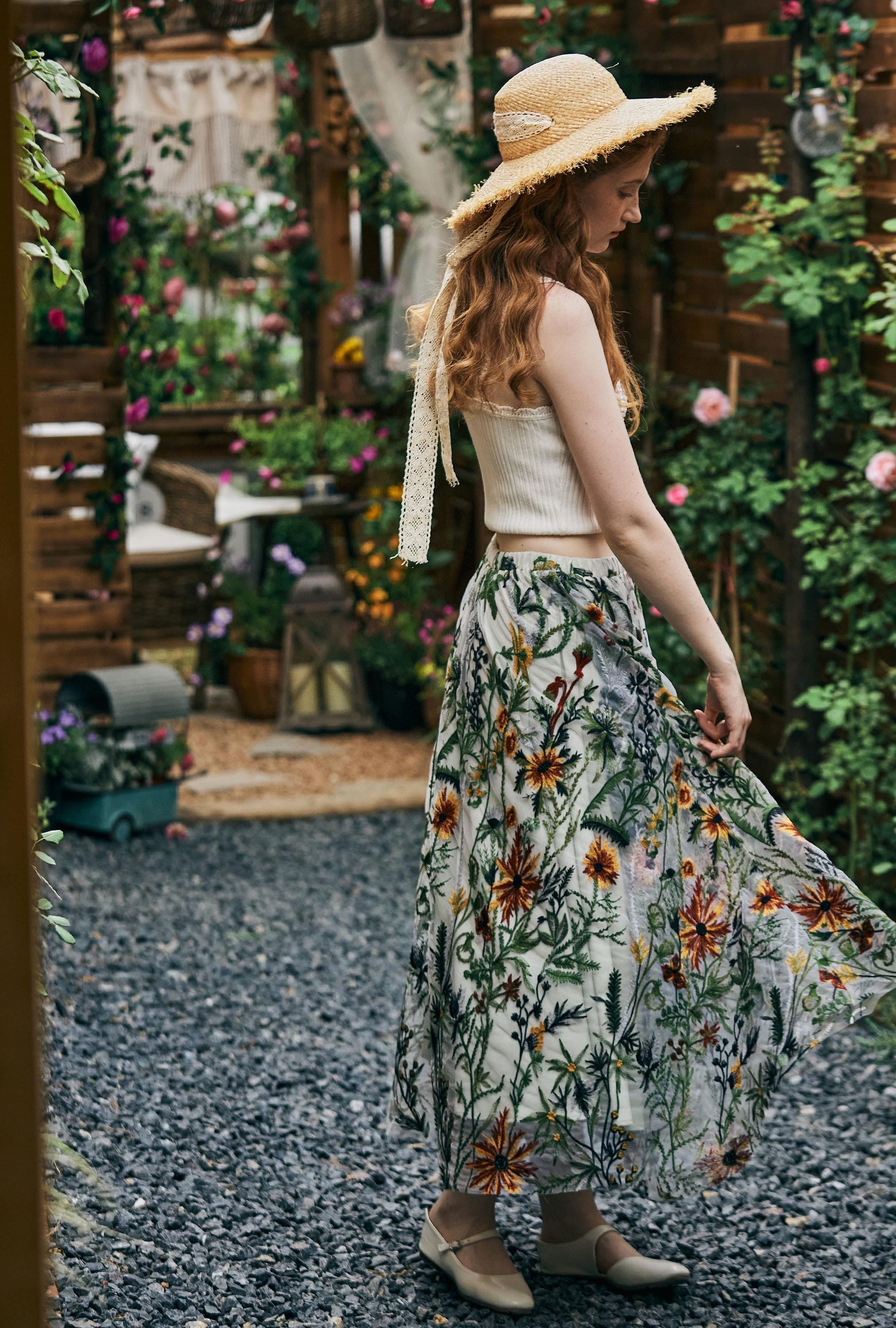 Flower Embroidery Tulle Skirt Maxi Skirt Midi Green Skirt With A Lining Flexible Waistband A Line Floral Dress