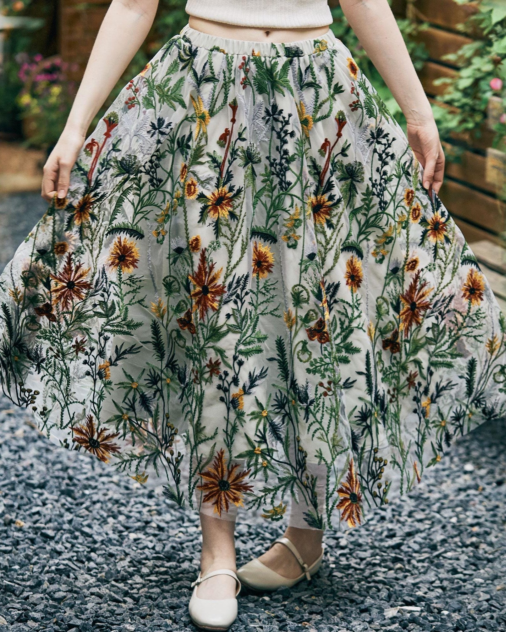 Flower Embroidery Tulle Skirt Maxi Skirt Midi Green Skirt With A Lining Flexible Waistband A Line Floral Dress