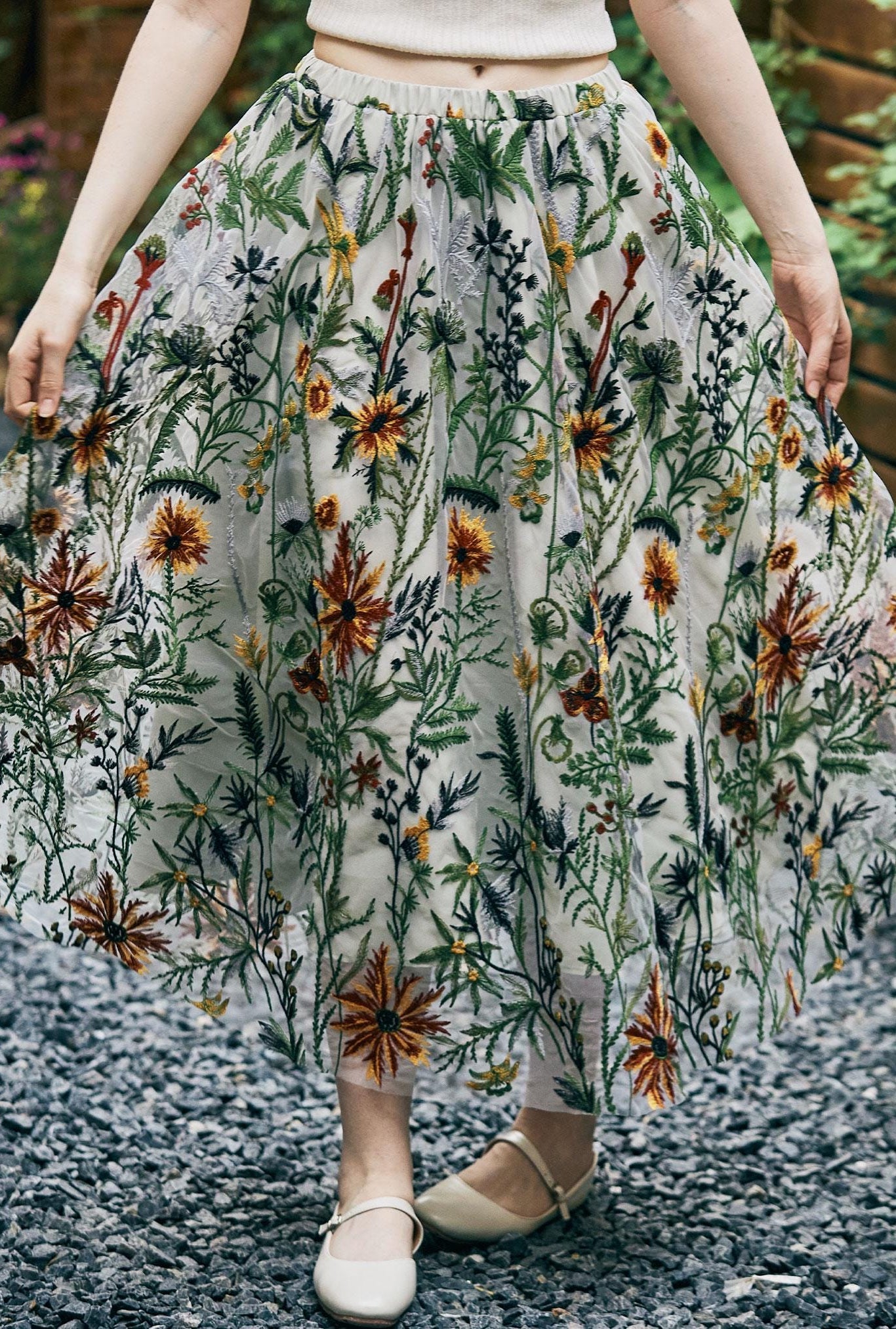 Flower Embroidery Tulle Skirt Maxi Skirt Midi Green Skirt With A Lining Flexible Waistband A Line Floral Dress