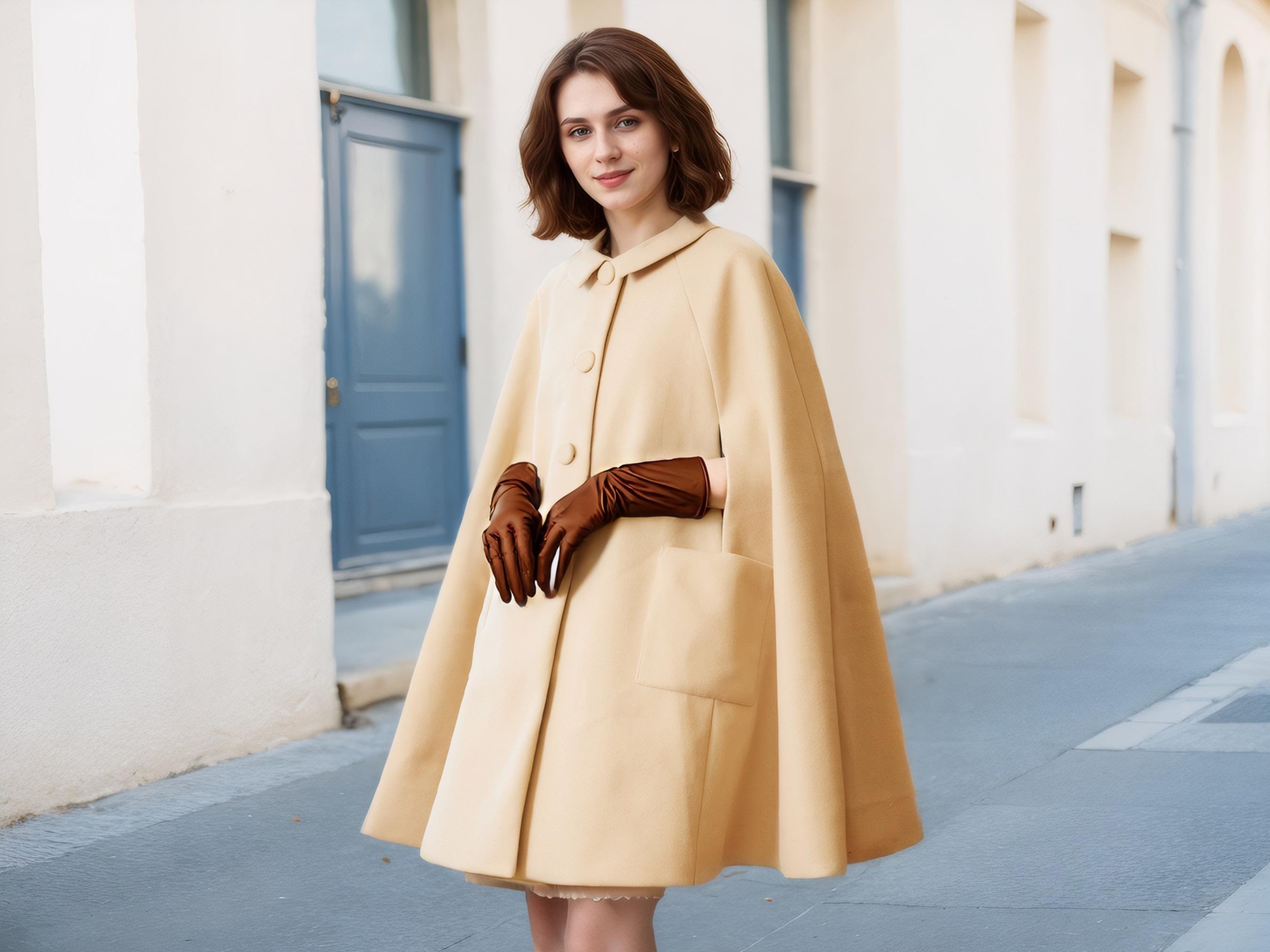 Wool Cape Coat Beige Wool Blend Vintage Style Winter Cape for Woman Wool Poncho Leopard Cape With Pockets S/M/L/XL Check Plaid Coat