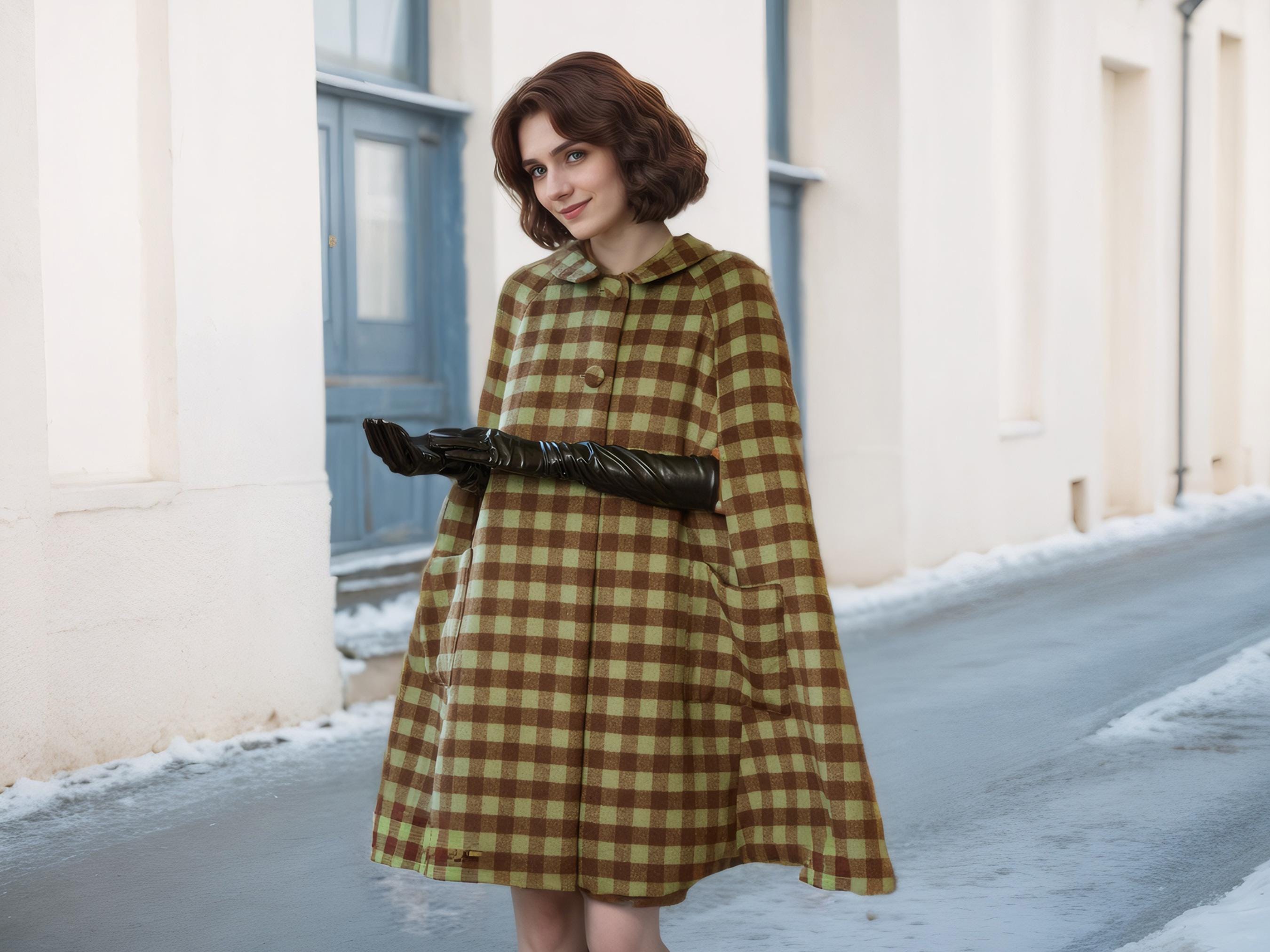 Wool Cape Coat Beige Wool Blend Vintage Style Winter Cape for Woman Wool Poncho Leopard Cape With Pockets S/M/L/XL Check Plaid Coat