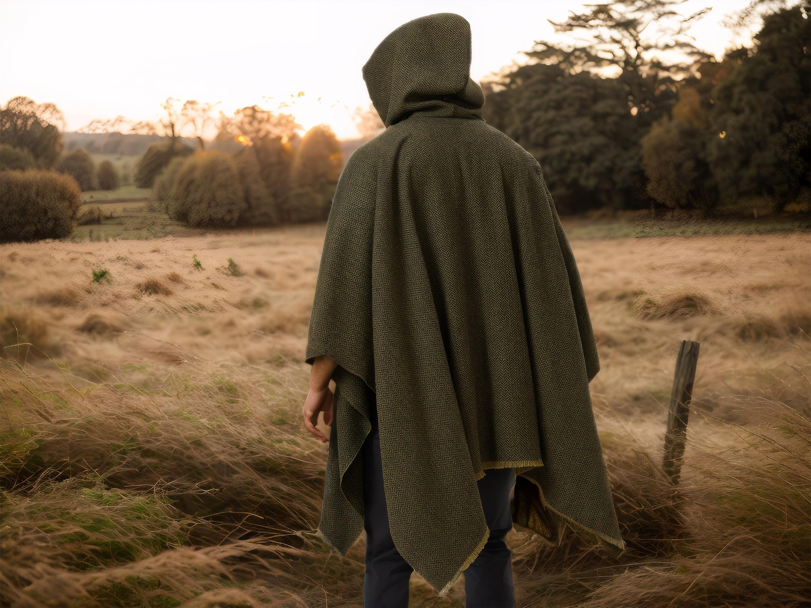 Wool Hooded Cloak Oliver Green & Black Herringbone Tweed Ruana Cloak Ranger Cloak Hobbit Elven Cloak Ren Faire Costume