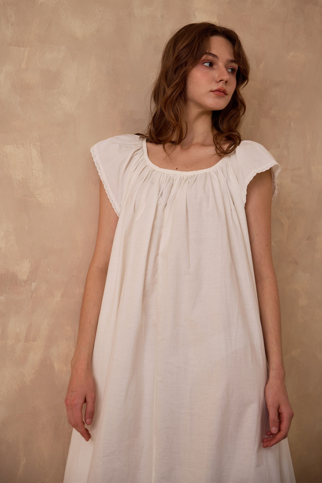 Ivory 100% cotton Victorian nightgown by Sueasyretro. Sleeveless vintage style nightie with elegant neckline gathers.