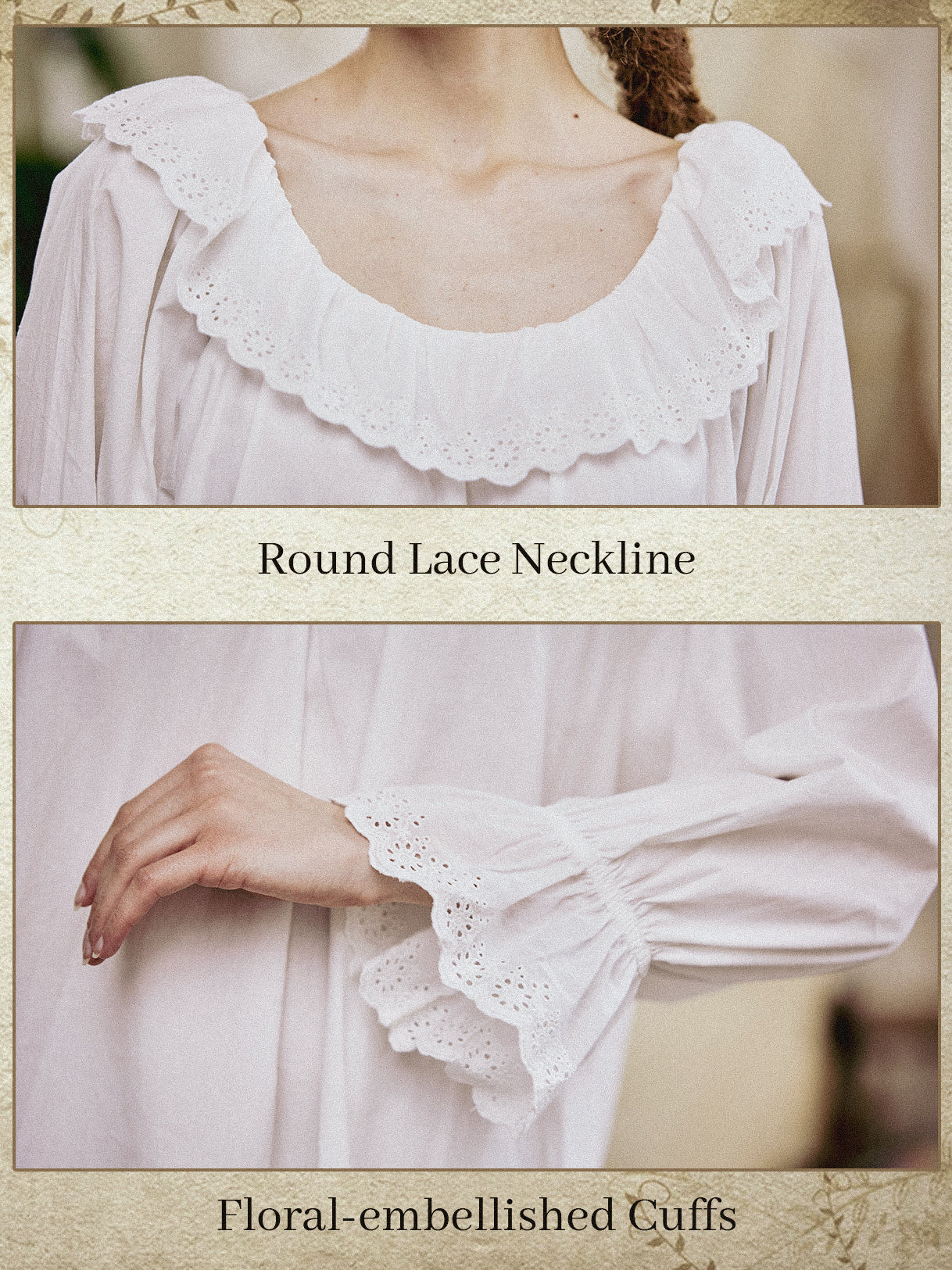 Close-up details of the floral-embellished ruffle cuffs and the intricate lace-trimmed round neckline of the white cotton nightgown.