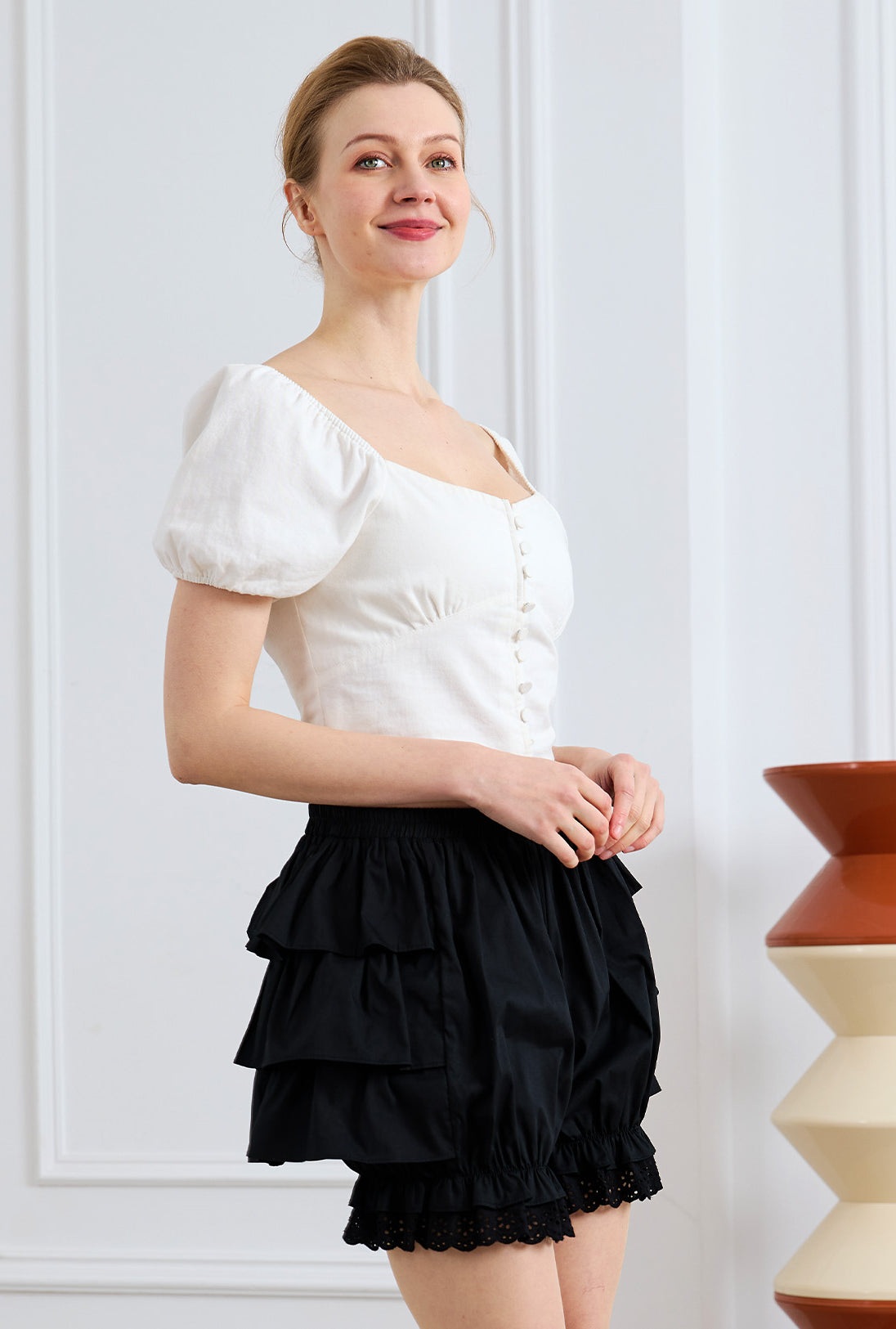 Sueasyretro Black Cotton Bloomers. Front view showing clean front, gathered cuffs, and eyelet lace trim.