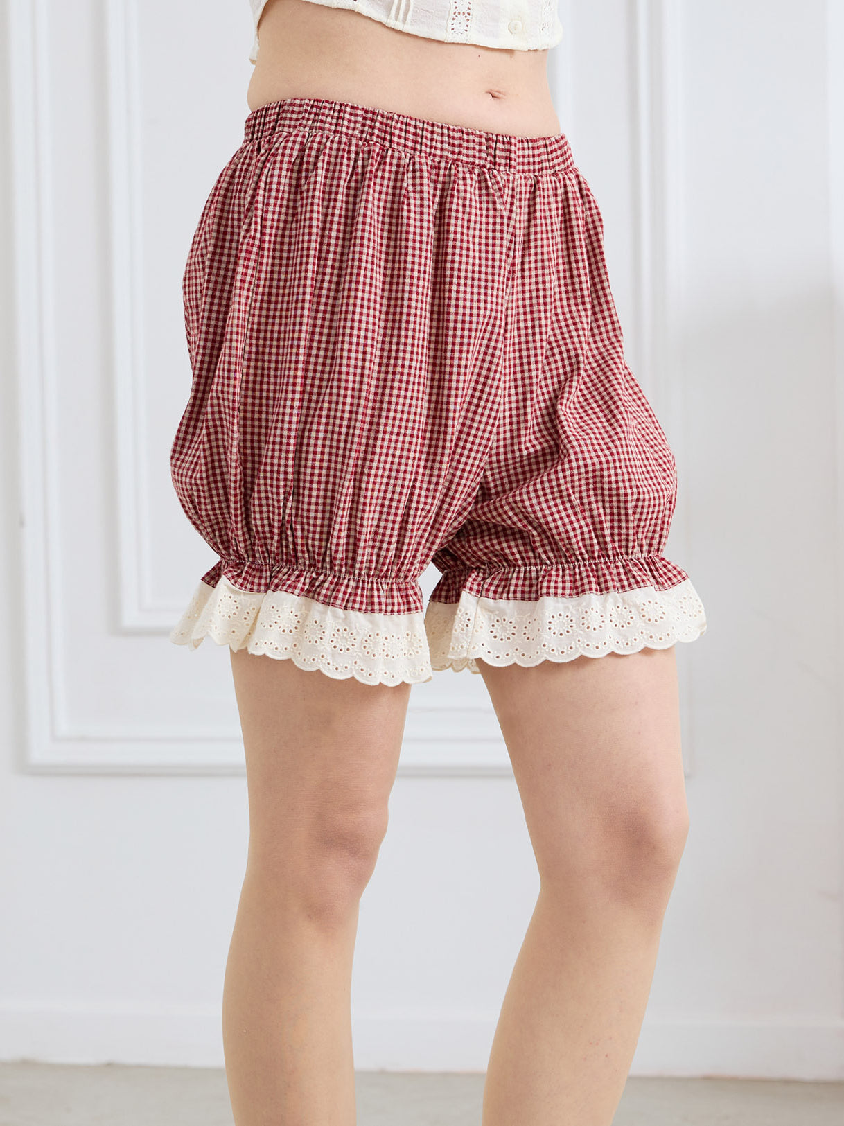 Red gingham cotton shorts back view with eyelet lace cuff | Sueasyretro