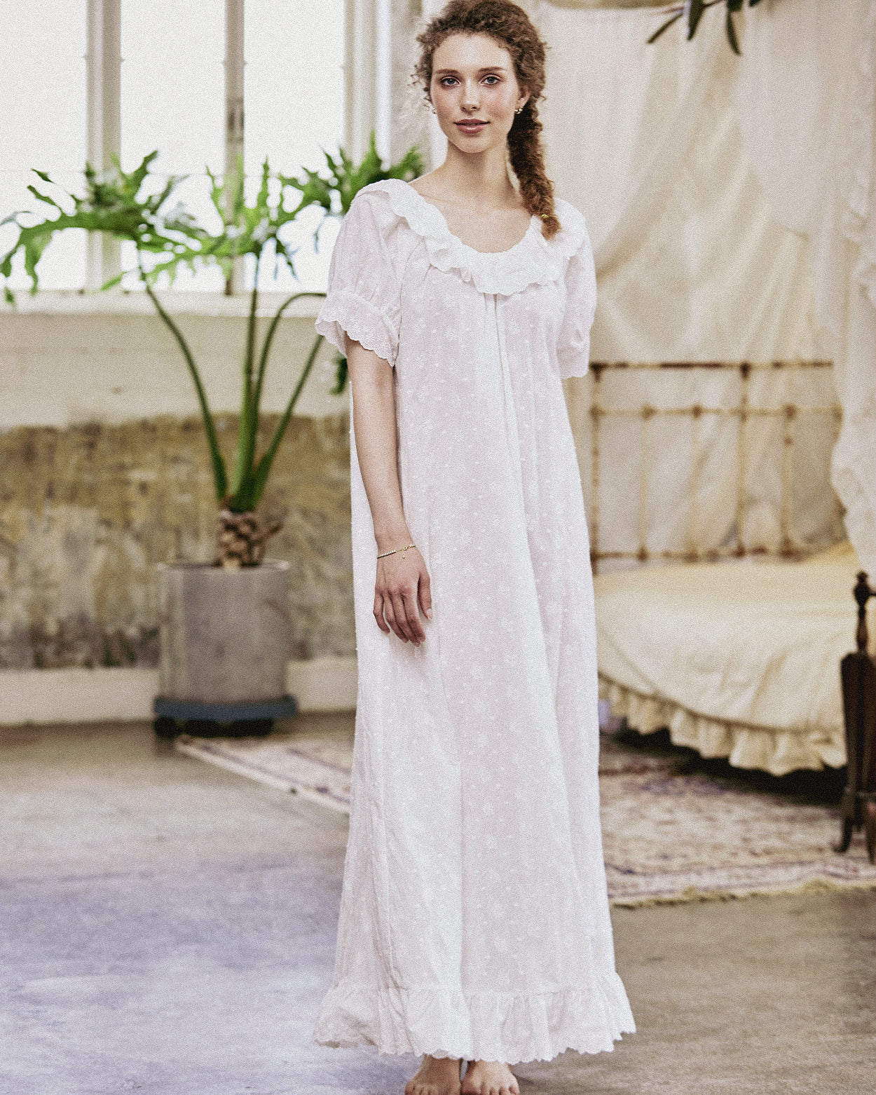 Victorian embroidered cotton nightgown with ruffle trim