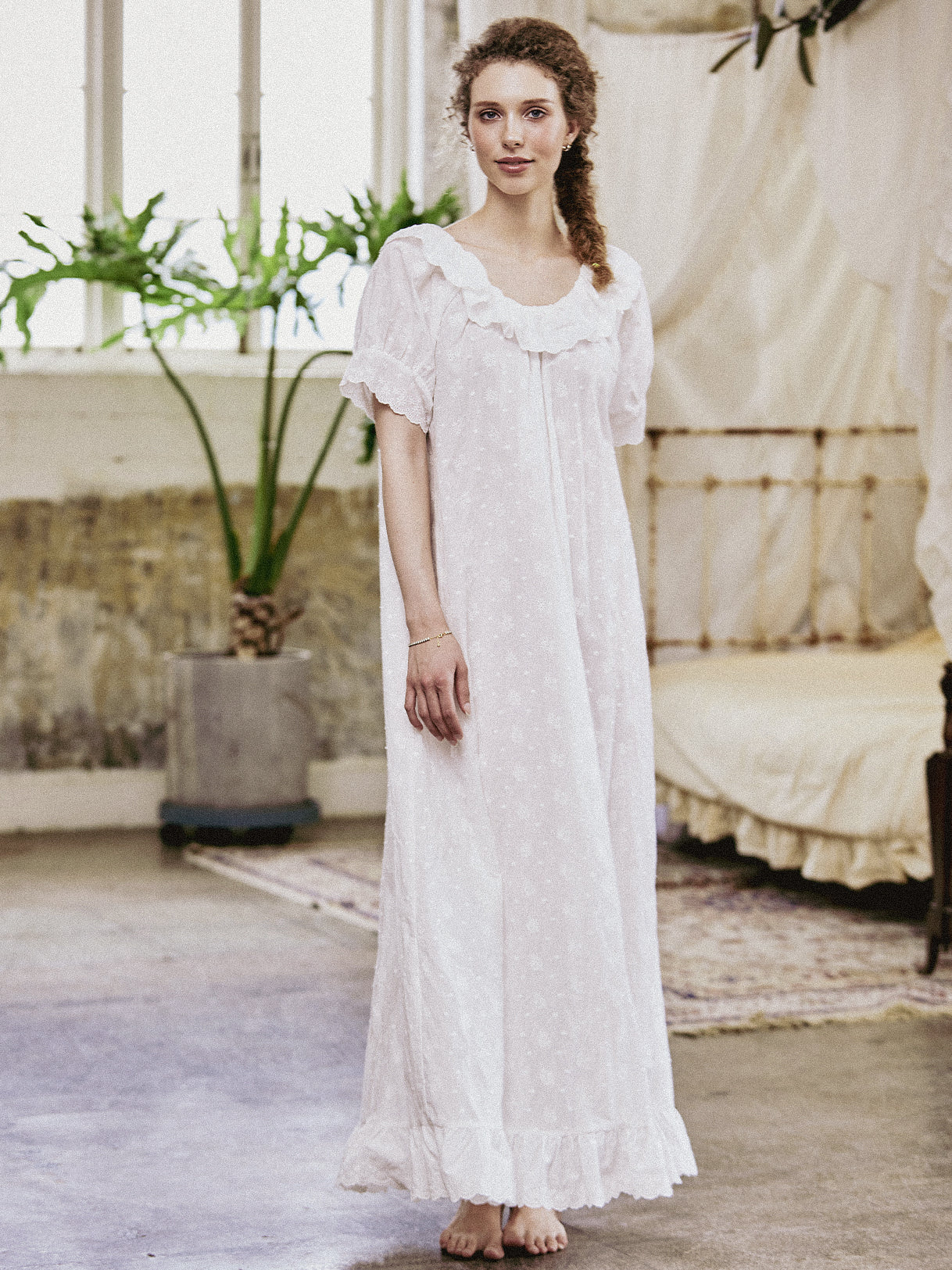 Victorian embroidered cotton nightgown with ruffle trim