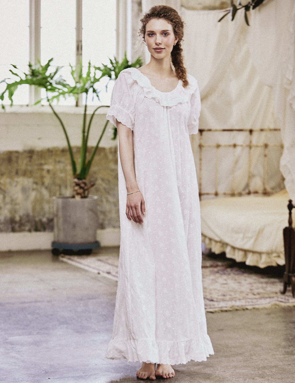 Victorian embroidered cotton nightgown with ruffle trim
