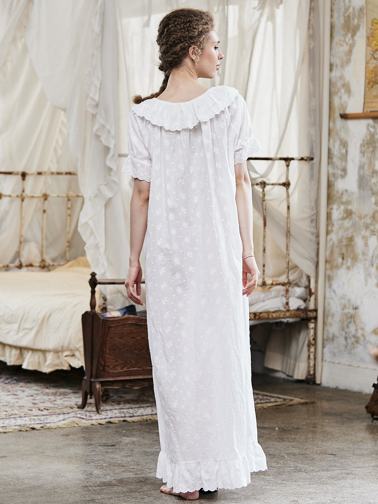 Victorian embroidered cotton nightgown with ruffle trim back view