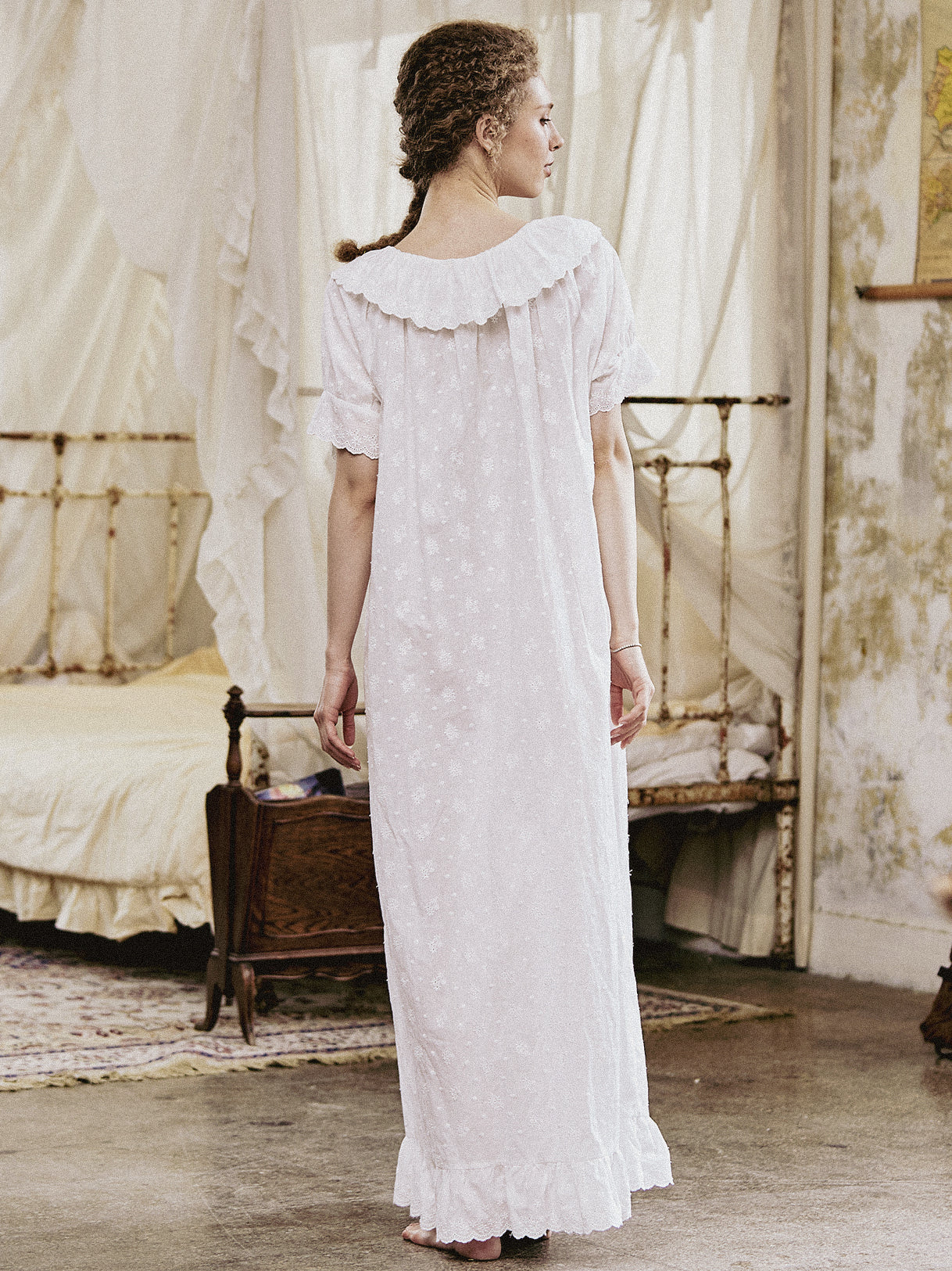 Victorian embroidered cotton nightgown with ruffle trim back view