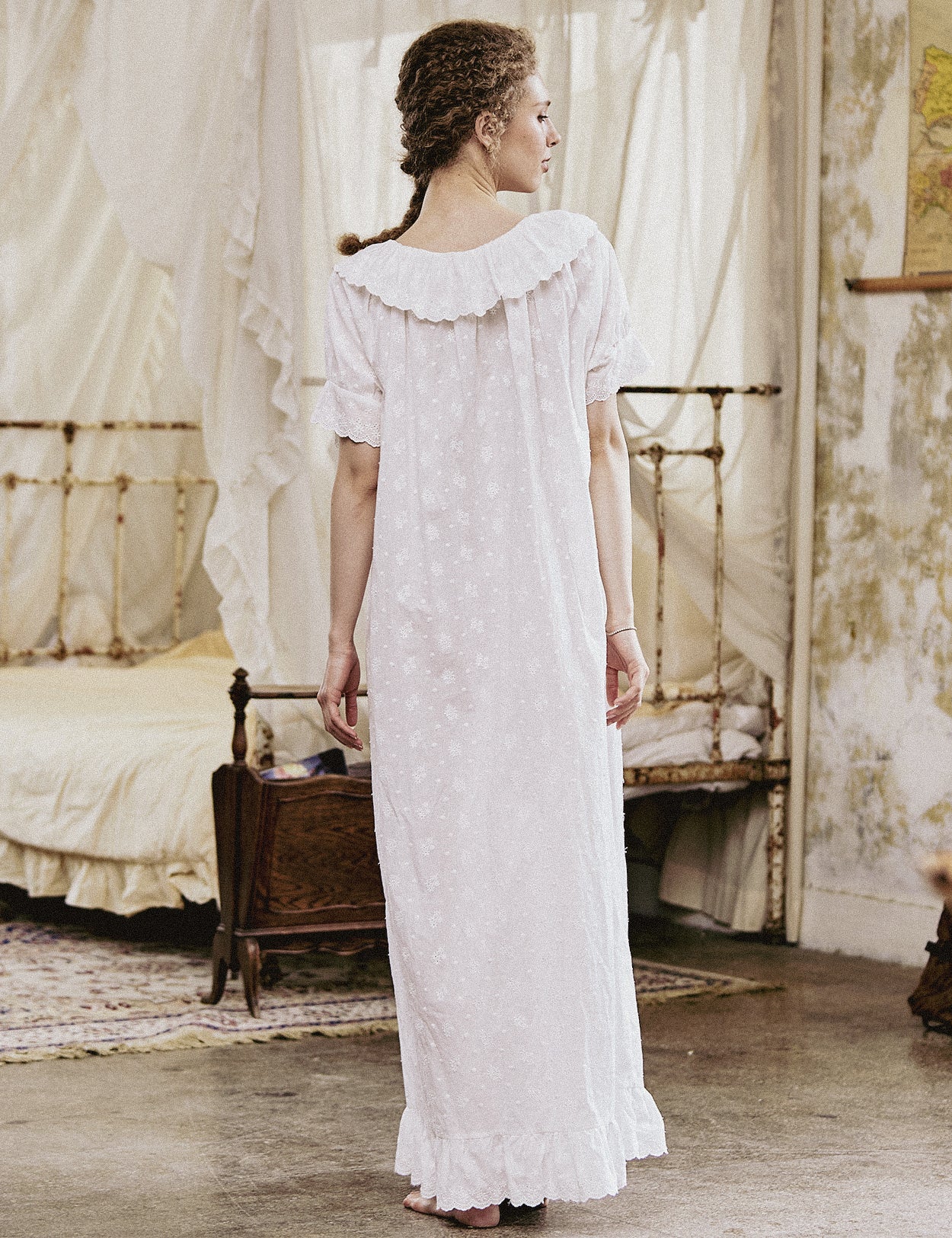 Victorian embroidered cotton nightgown with ruffle trim back view