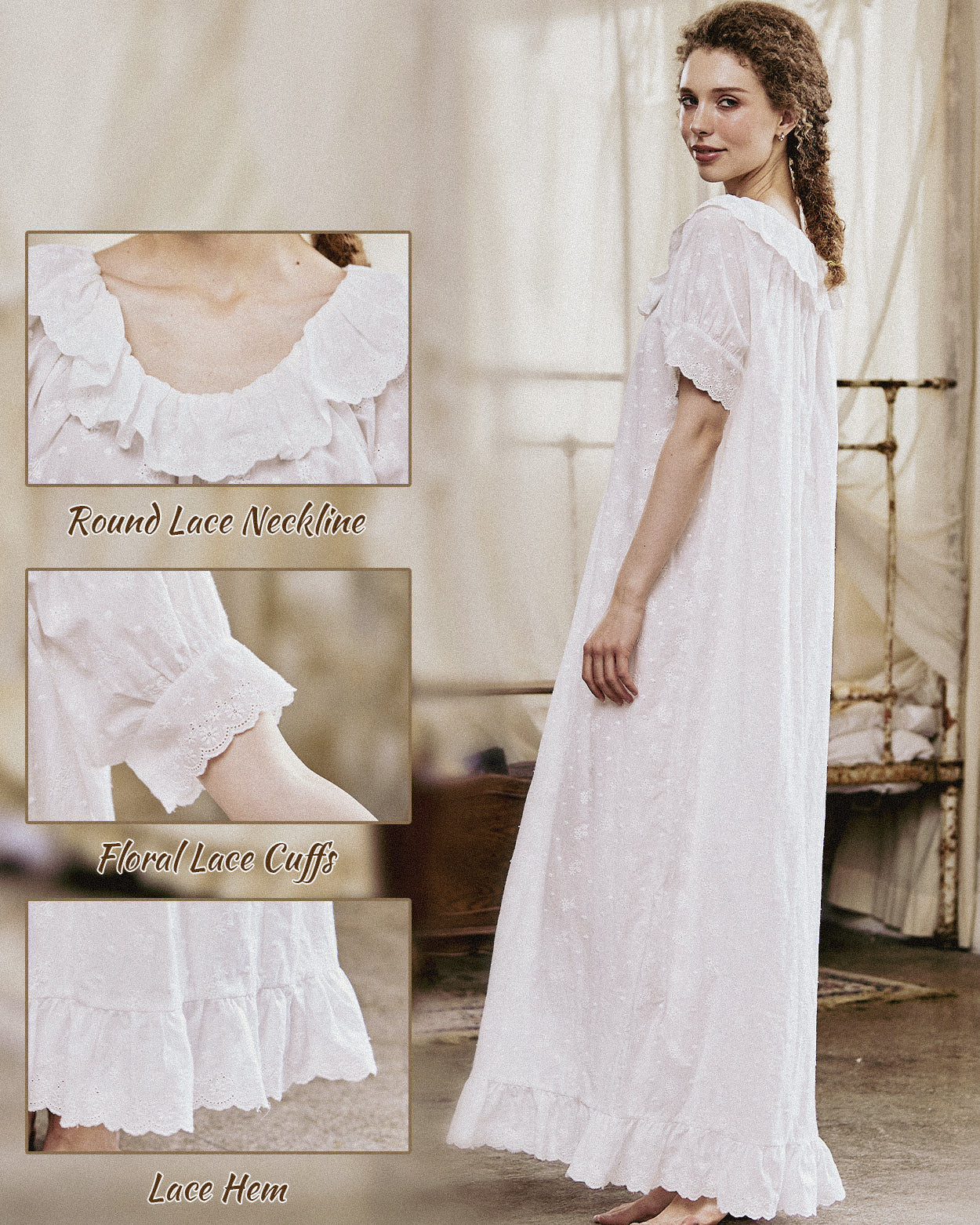 Victorian embroidered cotton nightgown with ruffle trim