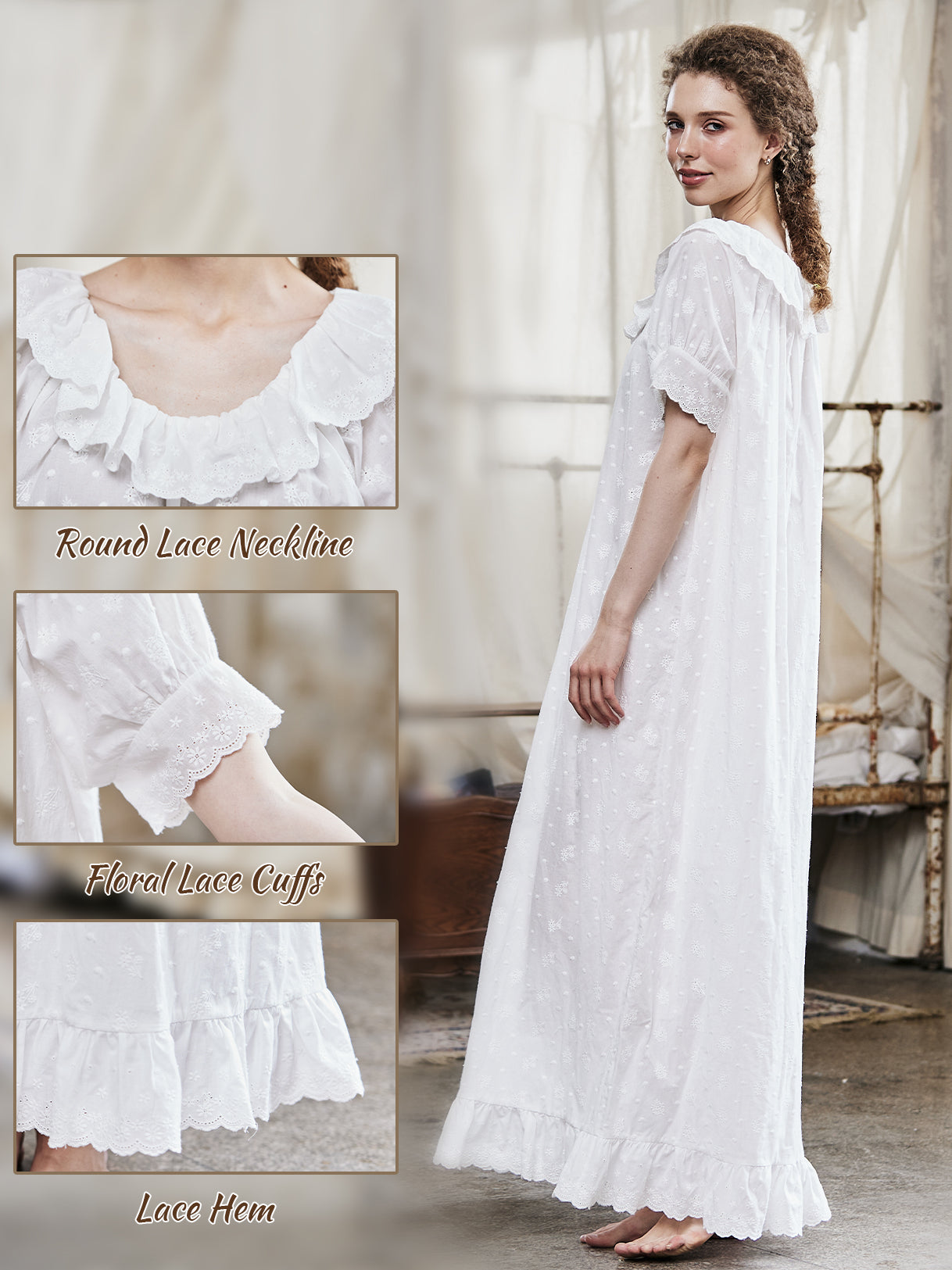Victorian embroidered cotton nightgown with ruffle trim