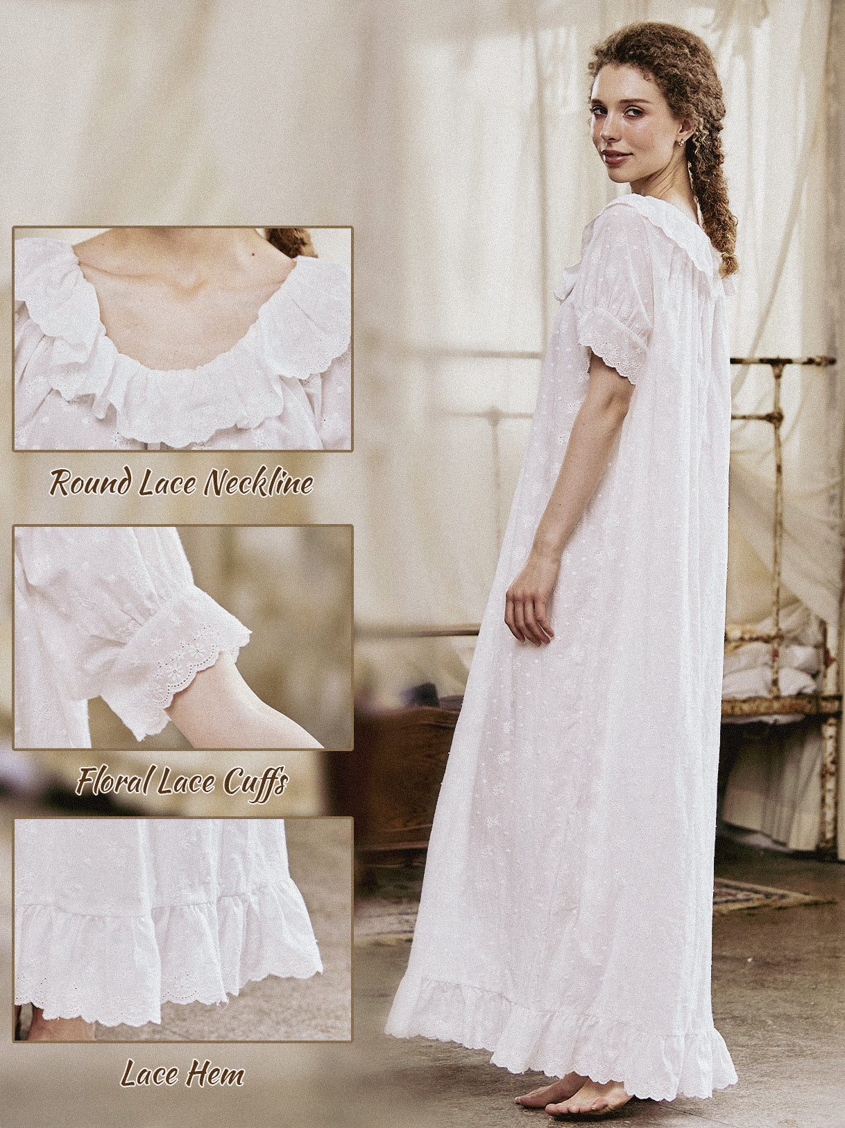 Victorian embroidered cotton nightgown with ruffle trim