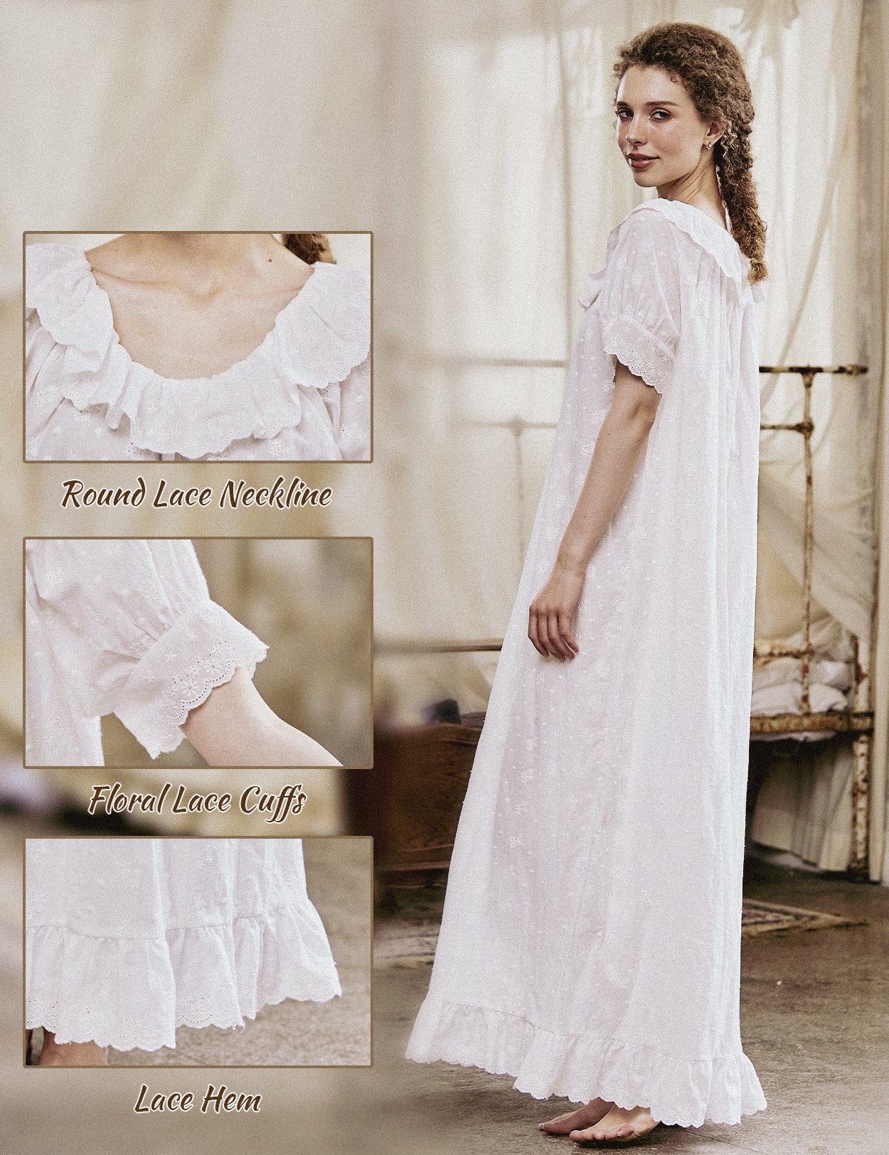 Victorian embroidered cotton nightgown with ruffle trim