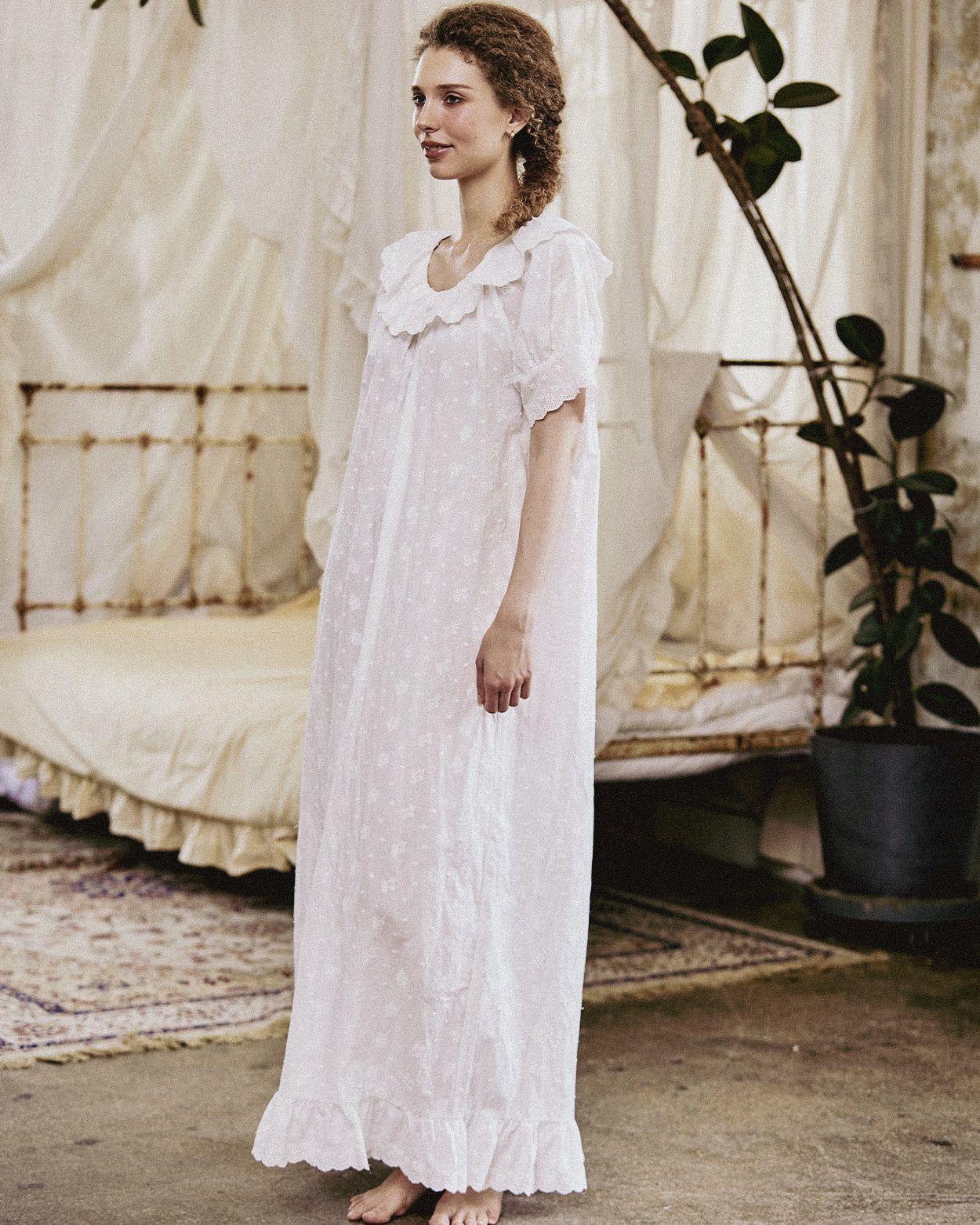 Victorian embroidered cotton nightgown with ruffle trim