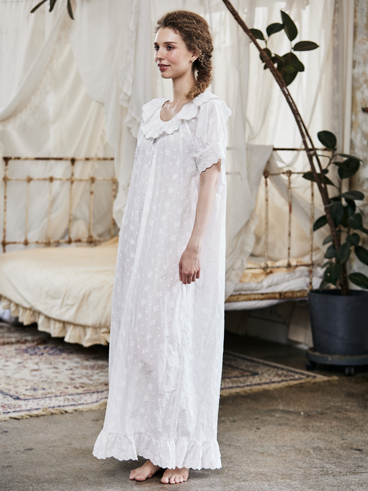 Victorian embroidered cotton nightgown with ruffle trim