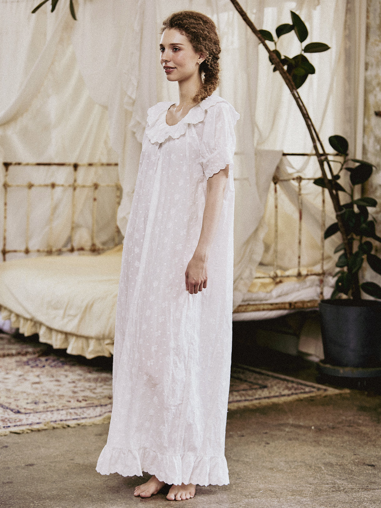 Victorian embroidered cotton nightgown with ruffle trim