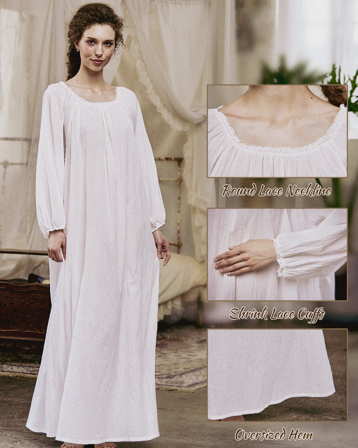 White Victorian nightgown for women with long sleeves and elegant lace trim details