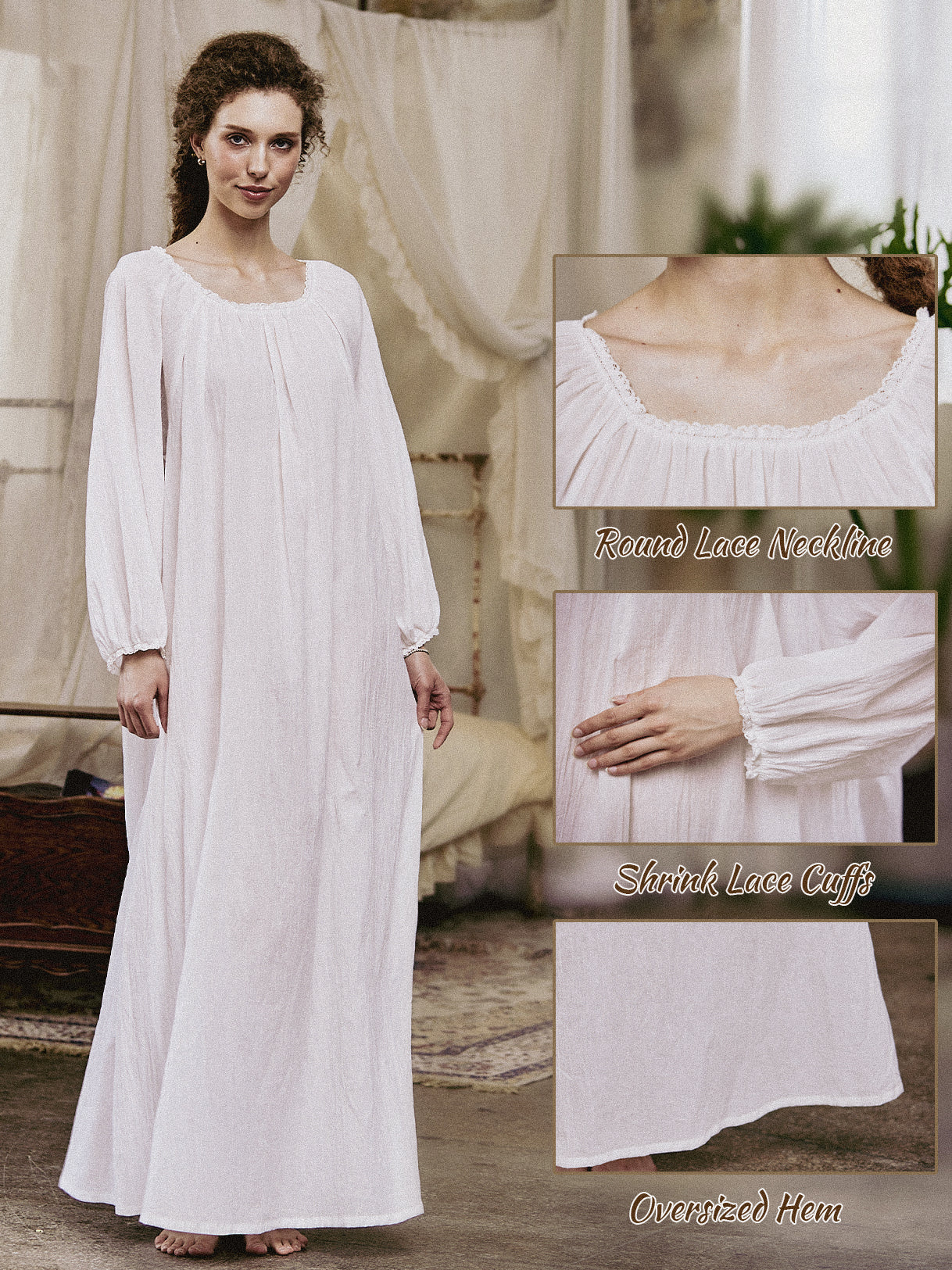 White Victorian nightgown for women with long sleeves and elegant lace trim details