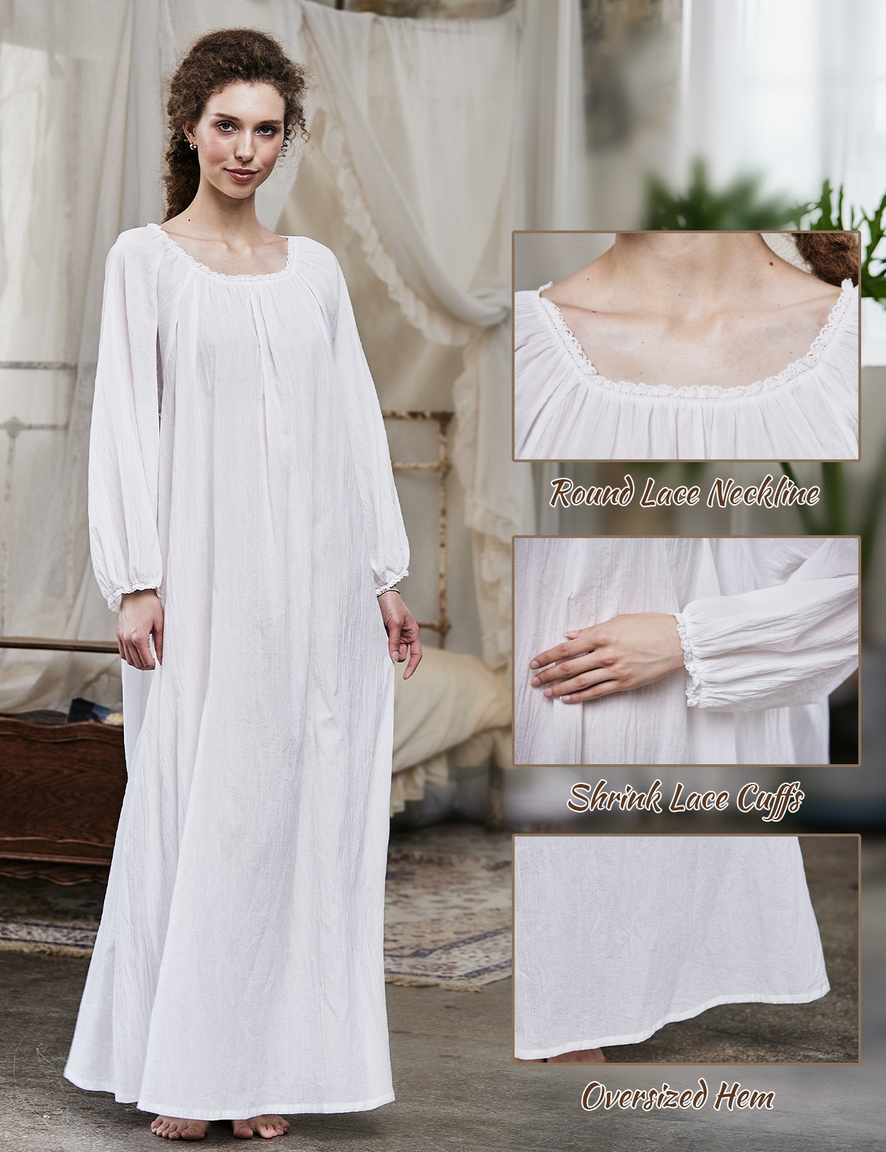 White Victorian nightgown for women with long sleeves and elegant lace trim details