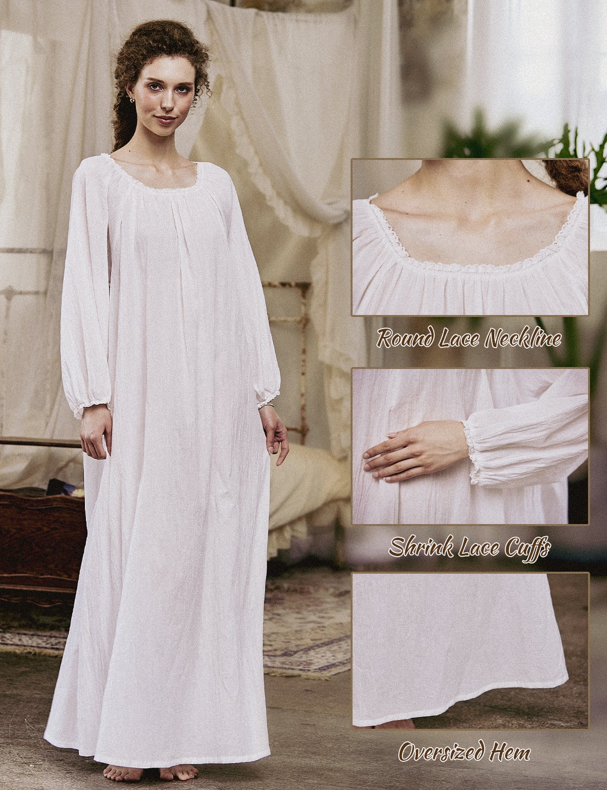 White Victorian nightgown for women with long sleeves and elegant lace trim details