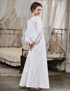 White Victorian nightgown for women with long sleeves and elegant lace trim