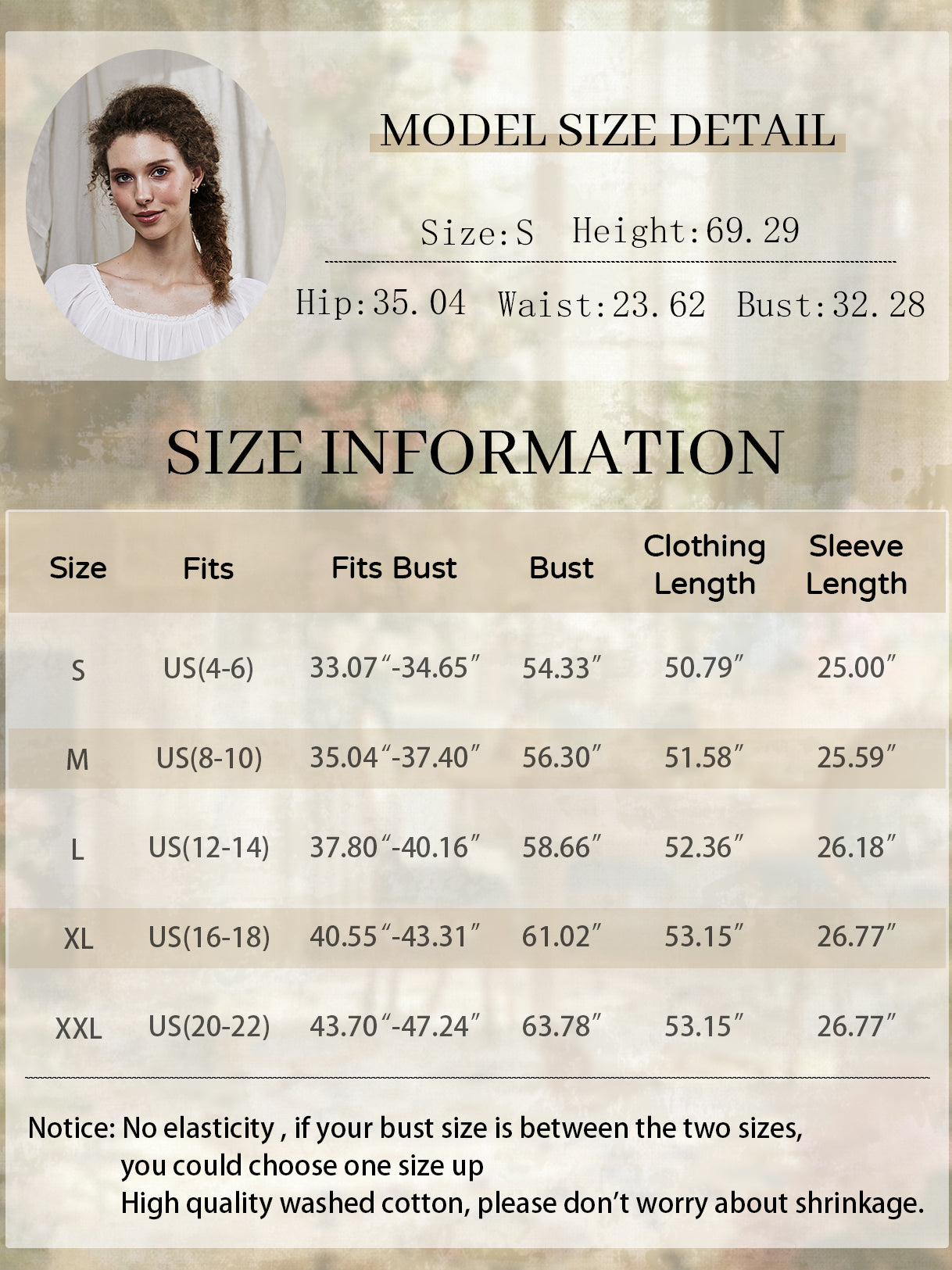 White Victorian nightgown for women with long sleeves and elegant lace trim size chart