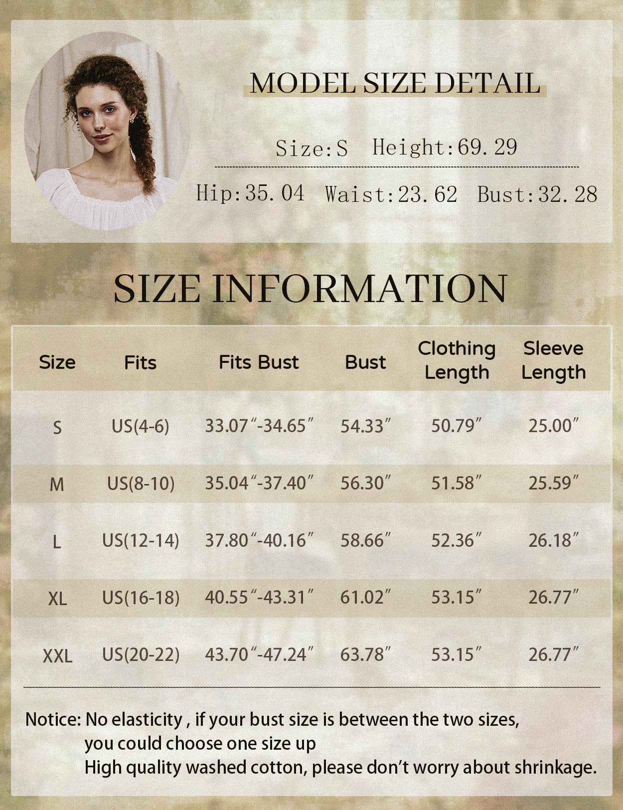 White Victorian nightgown for women with long sleeves and elegant lace trim size chart