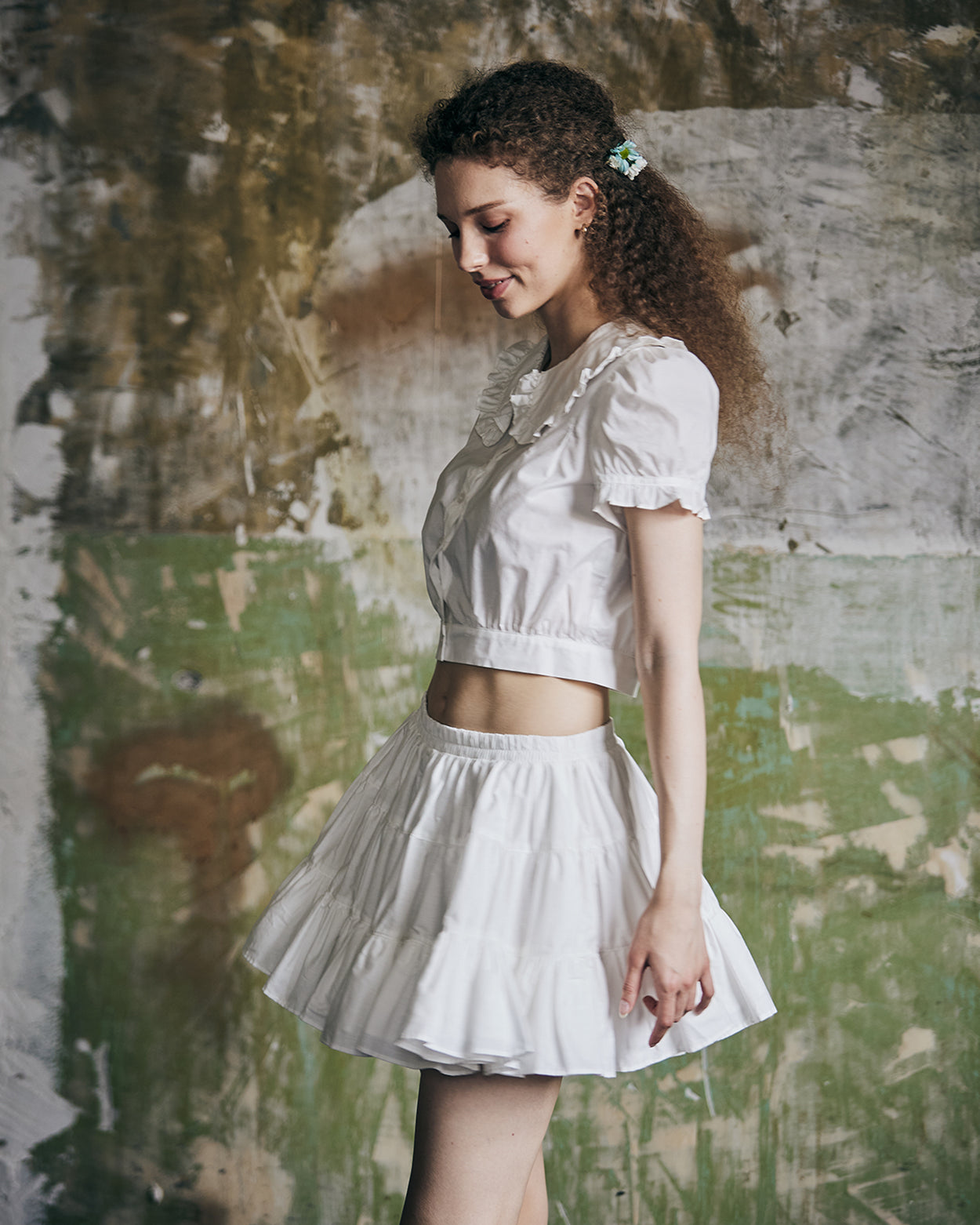 women's vintage cotton tiered skort worn with casual top - side view