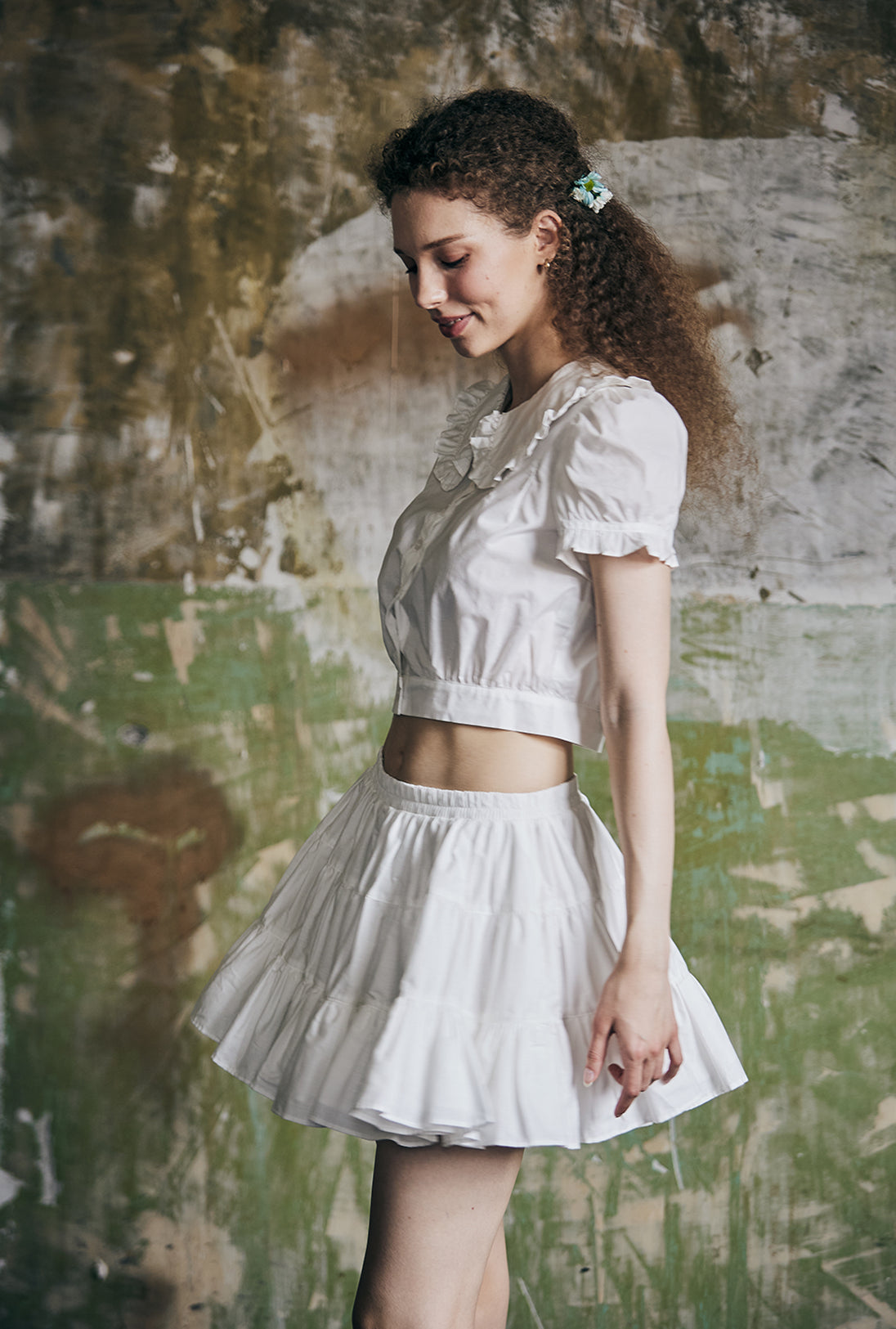 women's vintage cotton tiered skort worn with casual top - side view