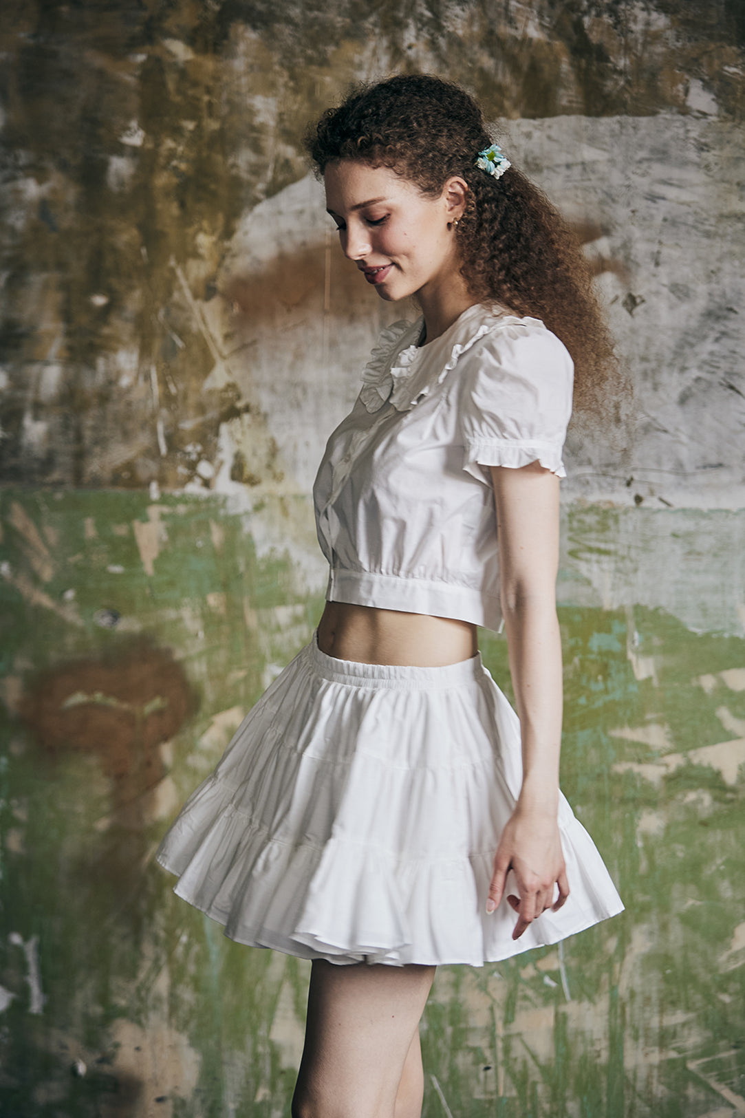 women's vintage cotton tiered skort worn with casual top - side view