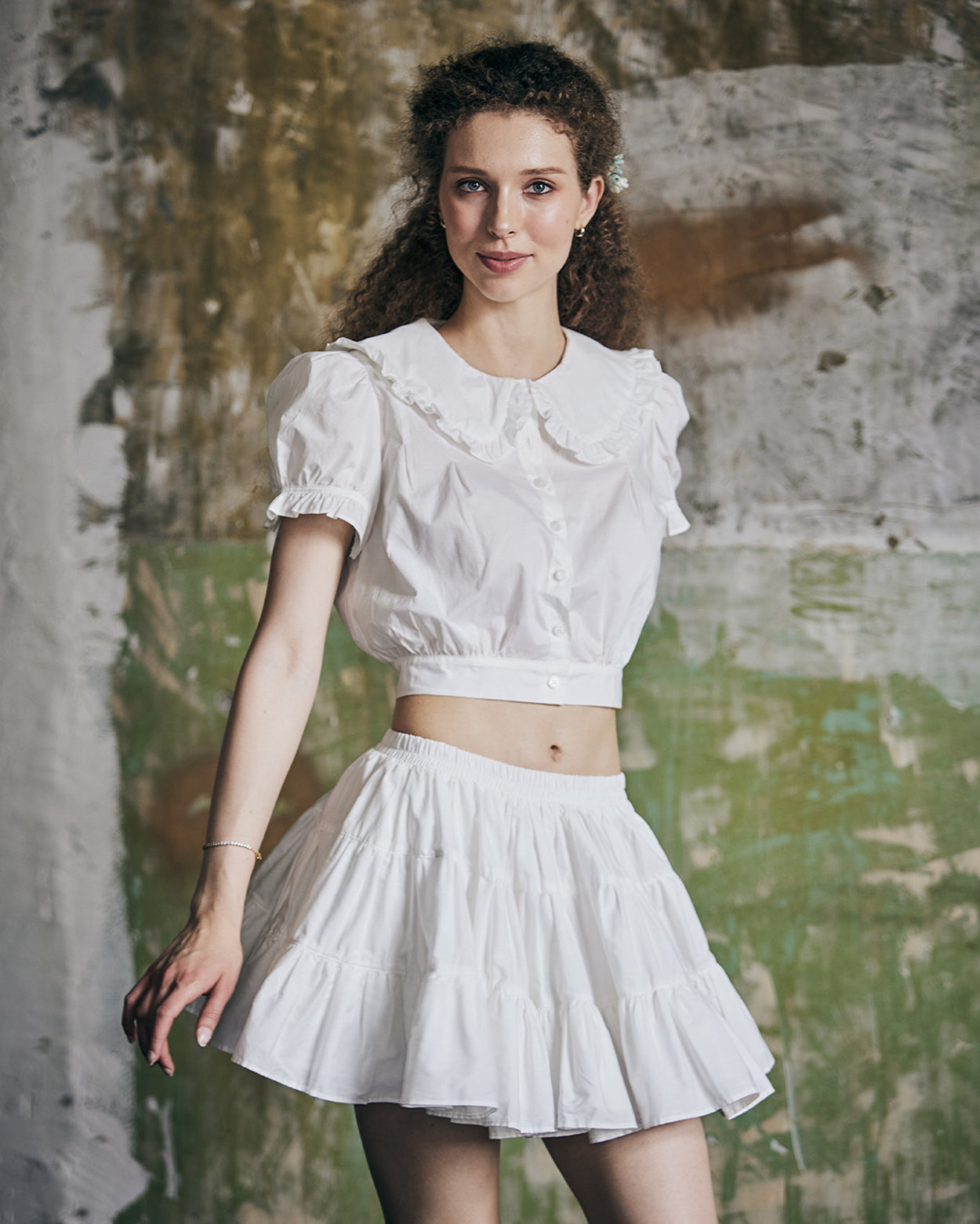 Women's vintage cotton tiered skort in front view showing high waist design and ruffle hem details