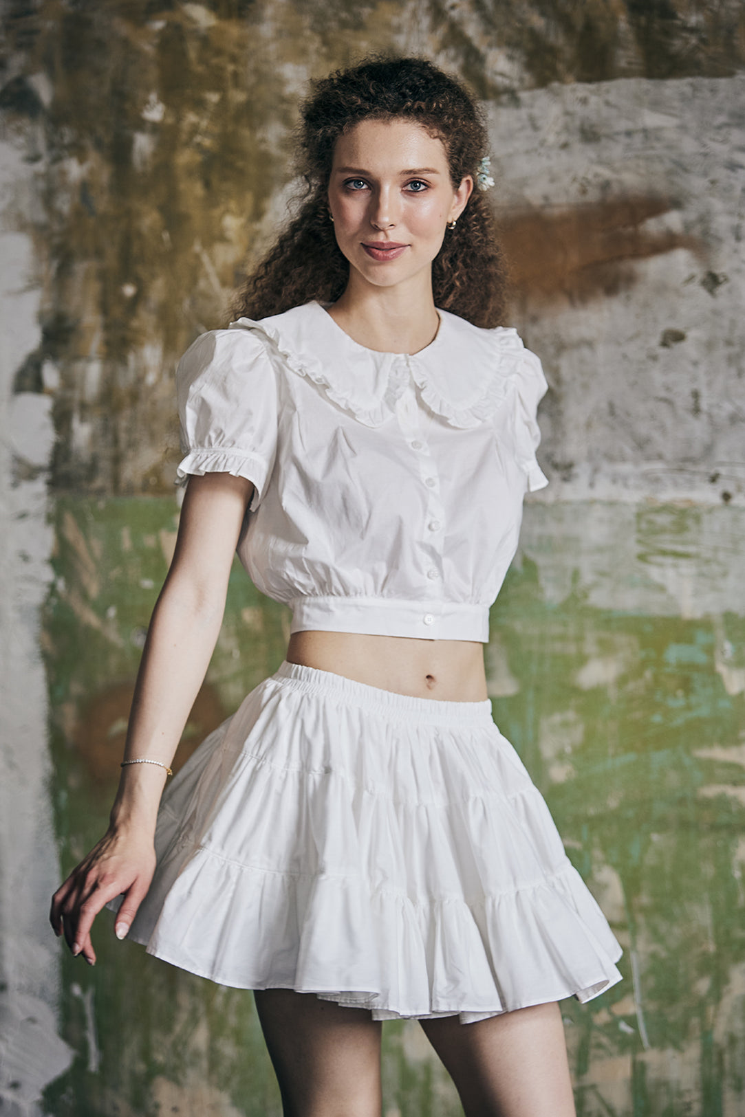 Women's vintage cotton tiered skort in front view showing high waist design and ruffle hem details