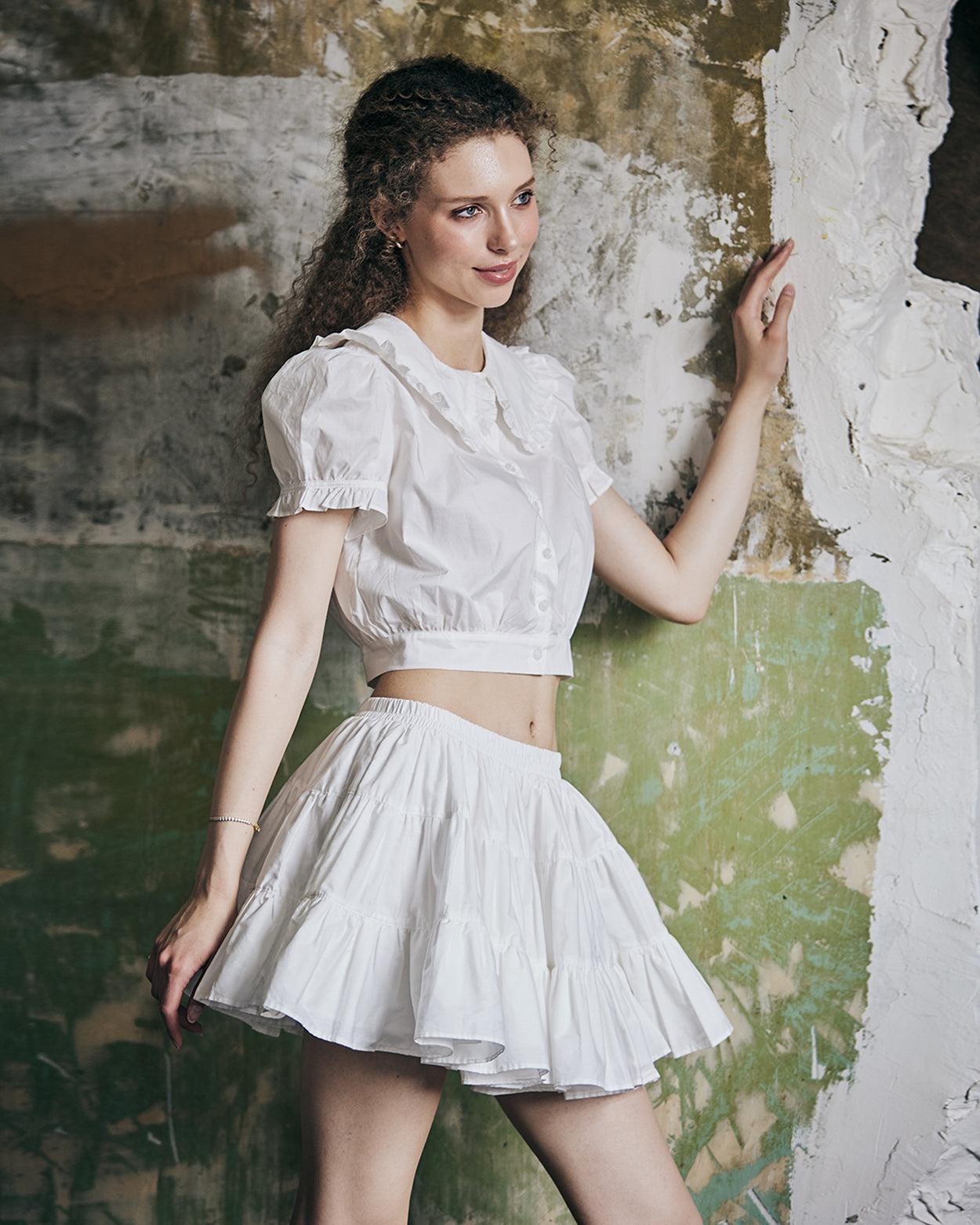 women's vintage cotton tiered skort worn with casual top