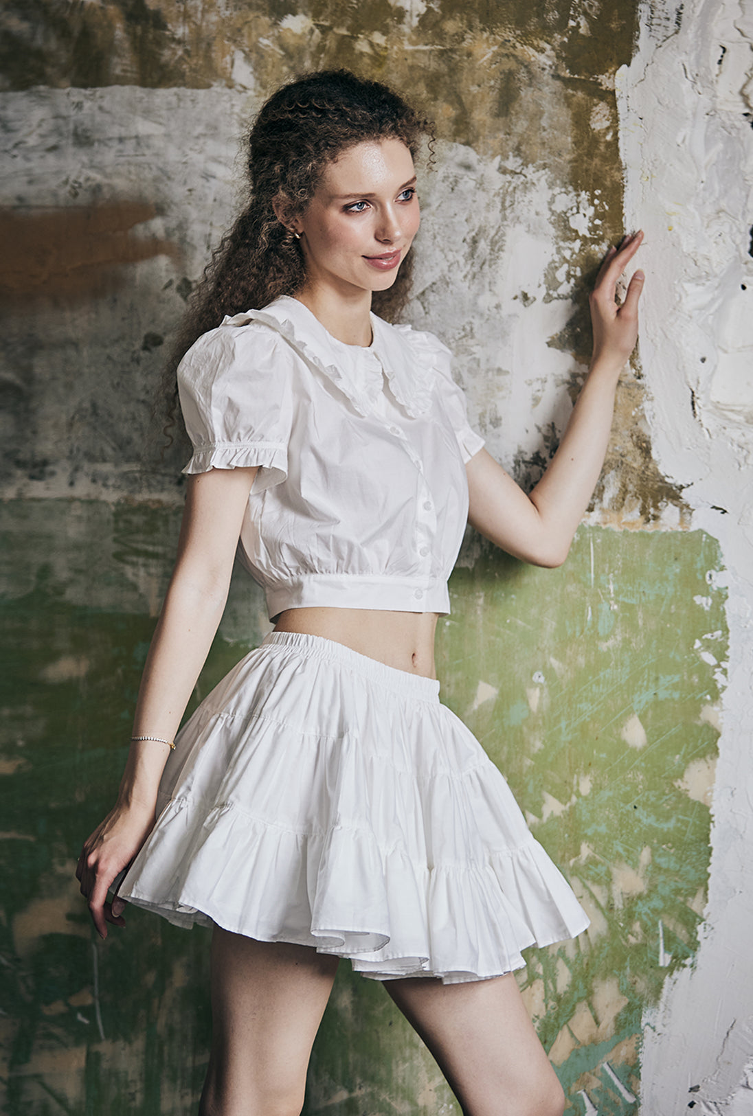 women's vintage cotton tiered skort worn with casual top
