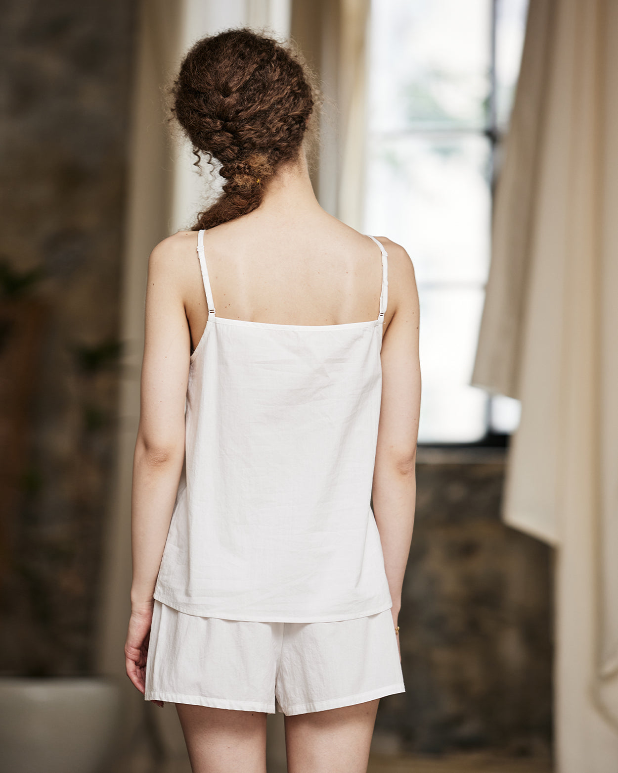 ivory striped cotton pajama shorts with loose fit design - back view